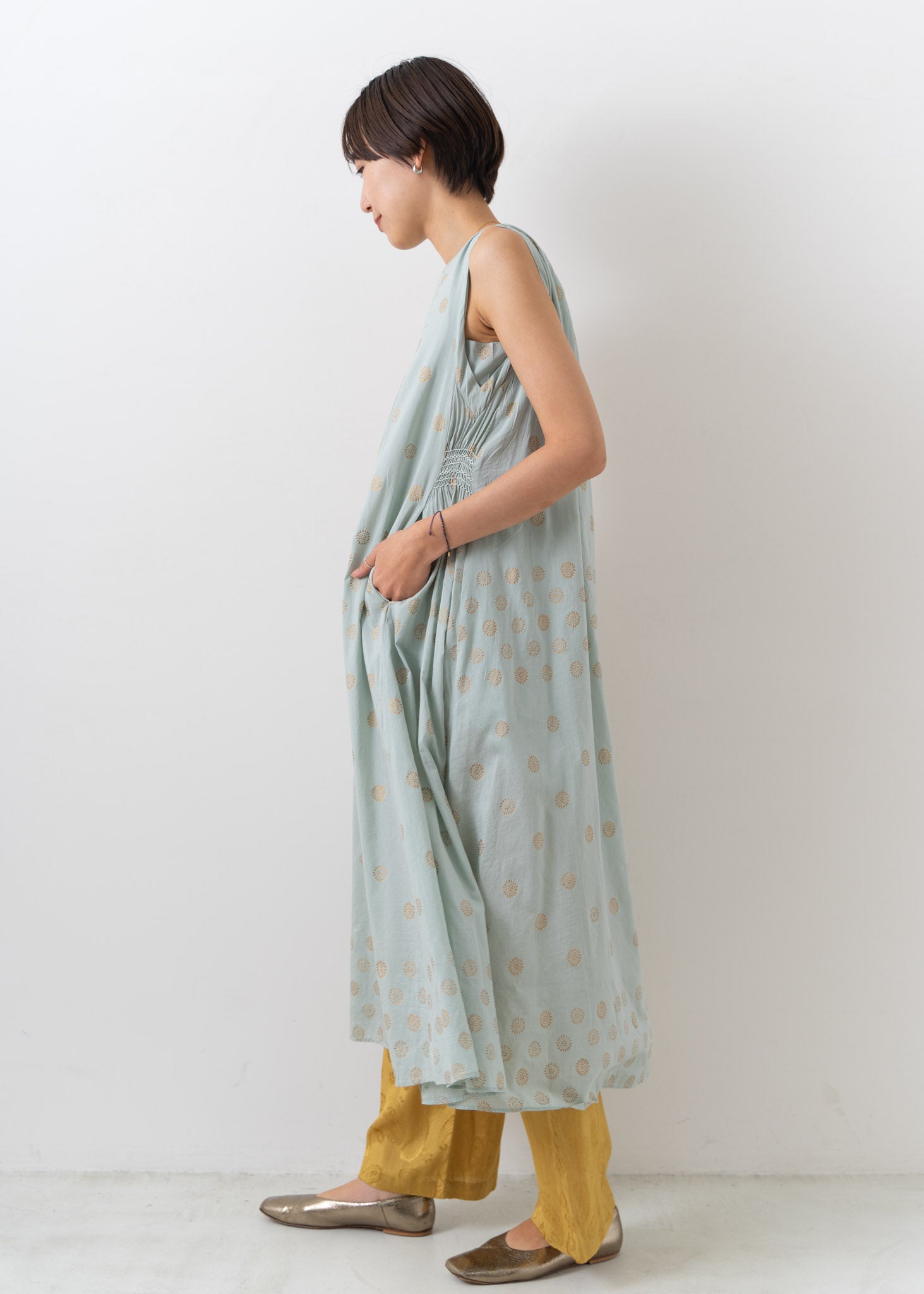Cotton Silk Gold Print Sleeveless Dress