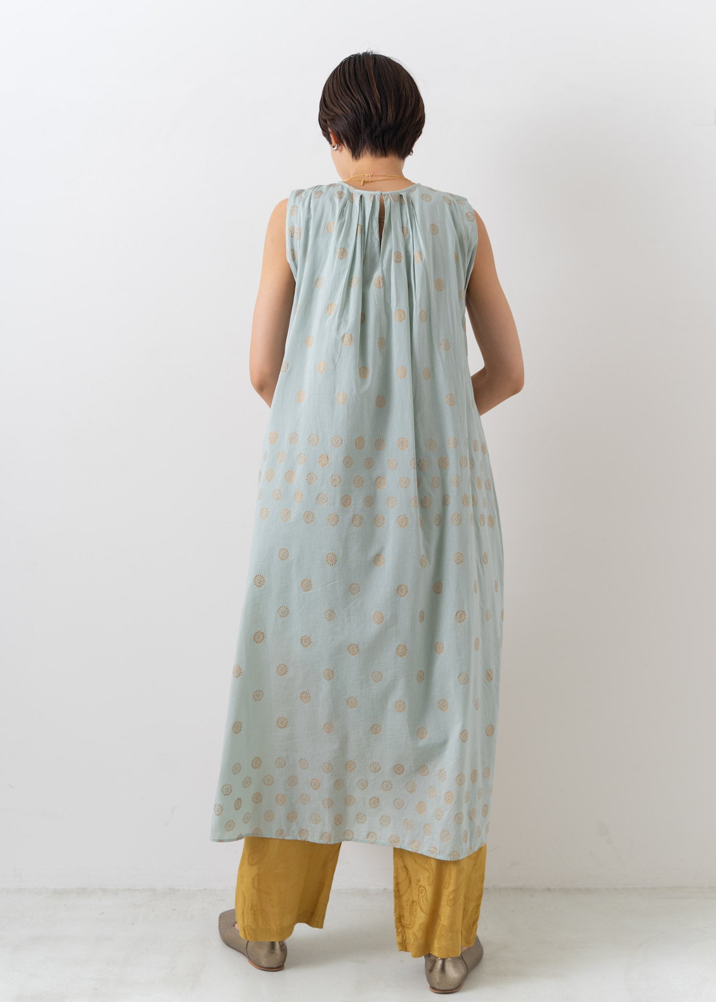 Cotton Silk Gold Print Sleeveless Dress