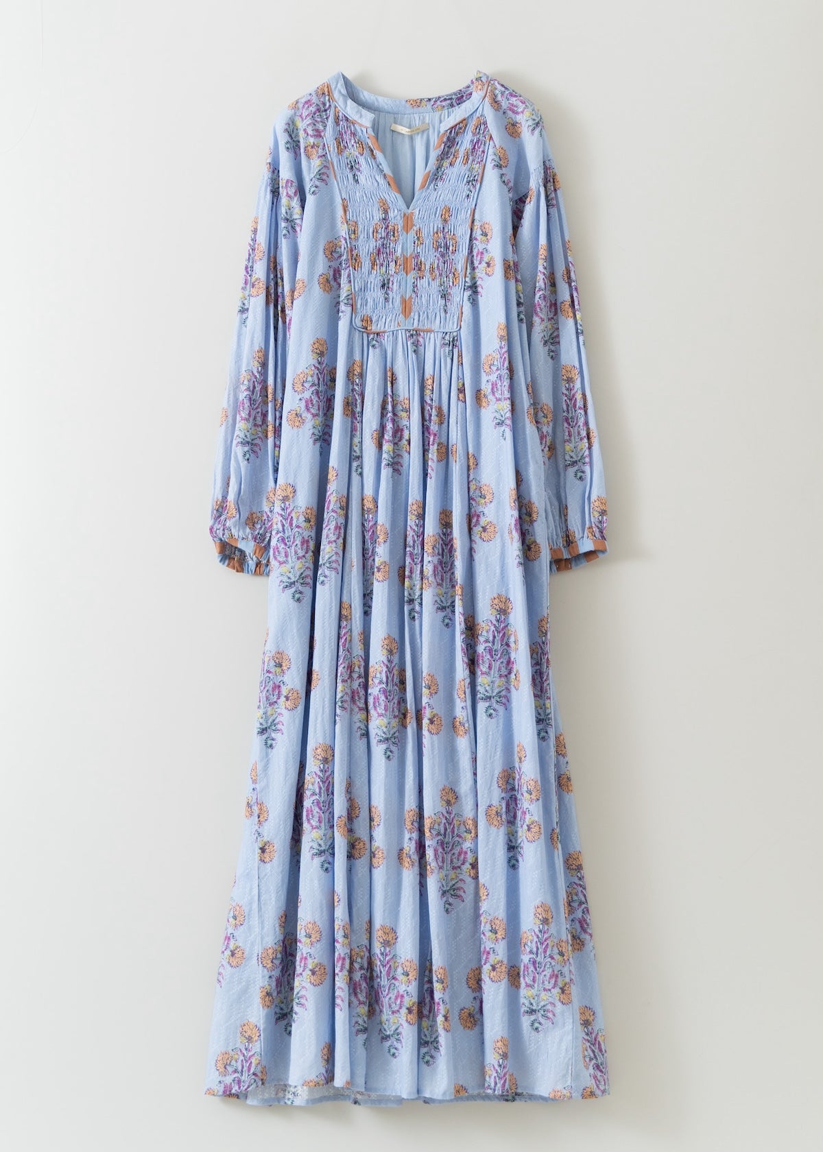 Cotton Jacquard Marigold Print Shirring Dress