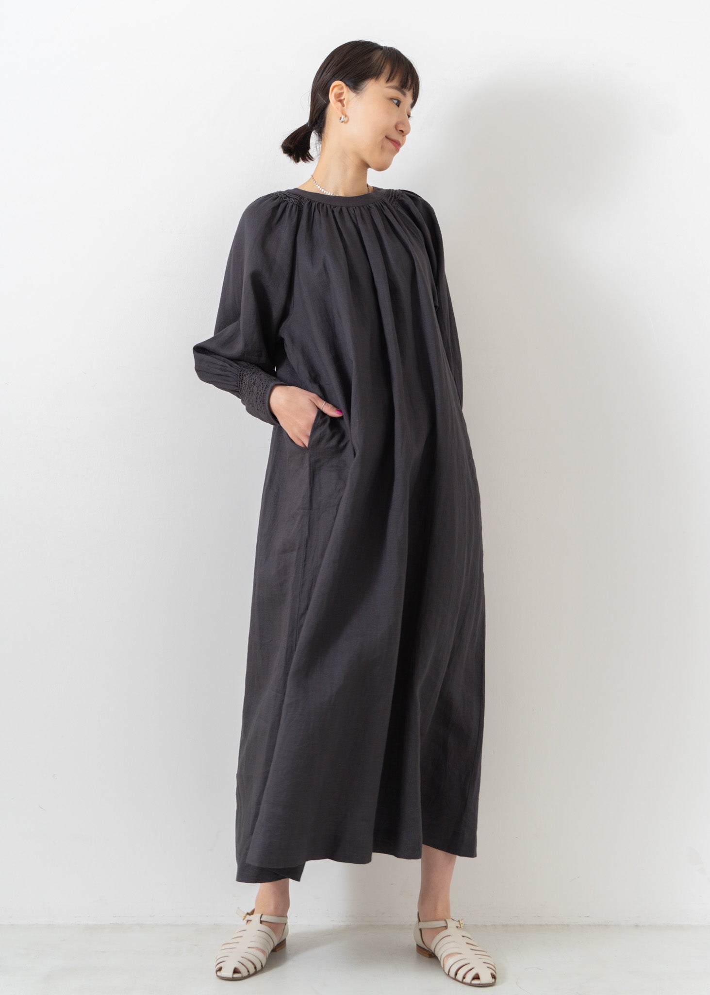 Ramie Smocking Longsleeve Dress