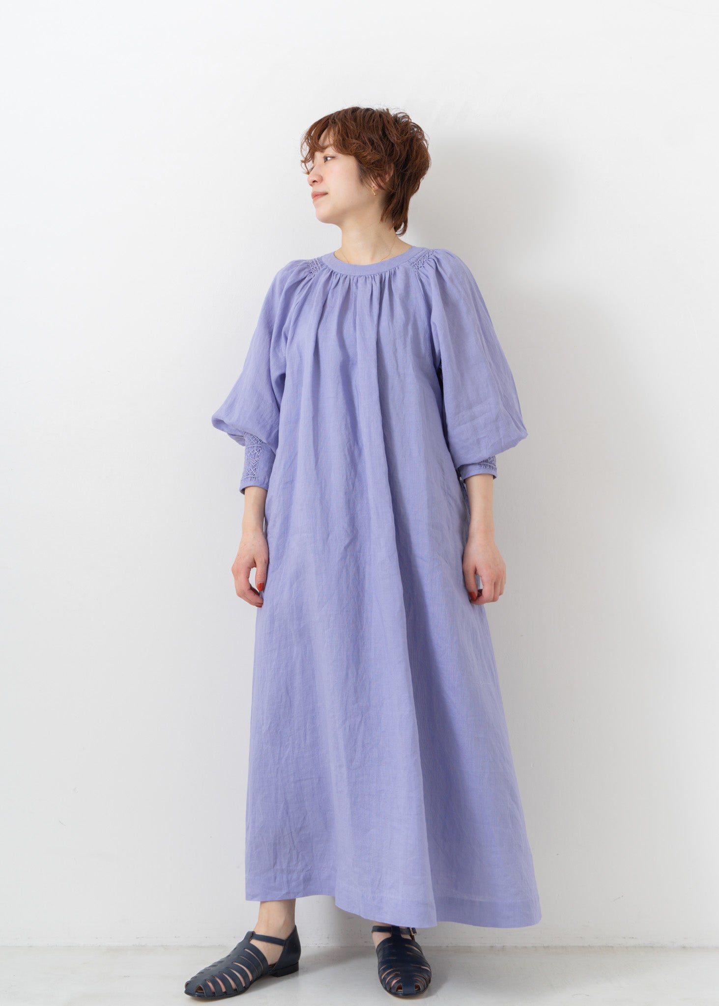 Ramie Smocking Longsleeve Dress