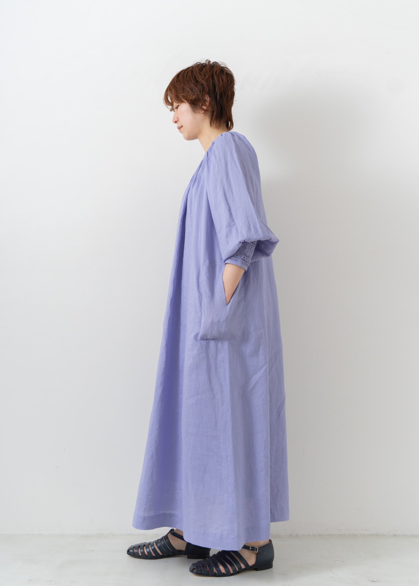 Ramie Smocking Longsleeve Dress