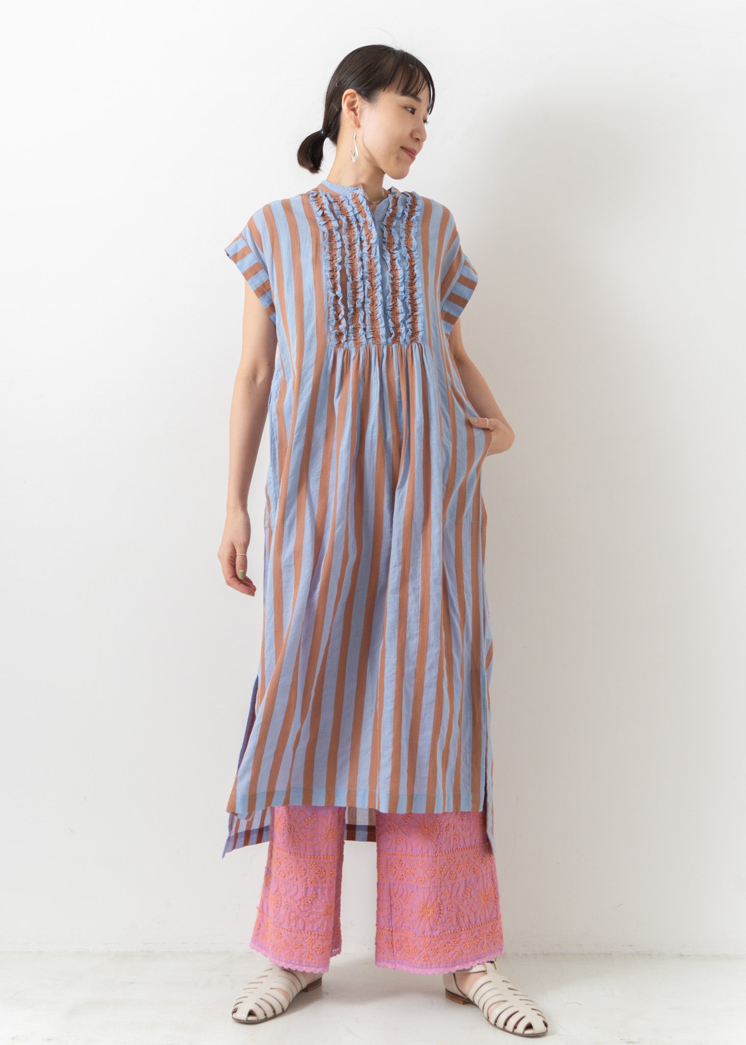 Cotton Voile Stripe Frill Sleeveless Shirt Dress