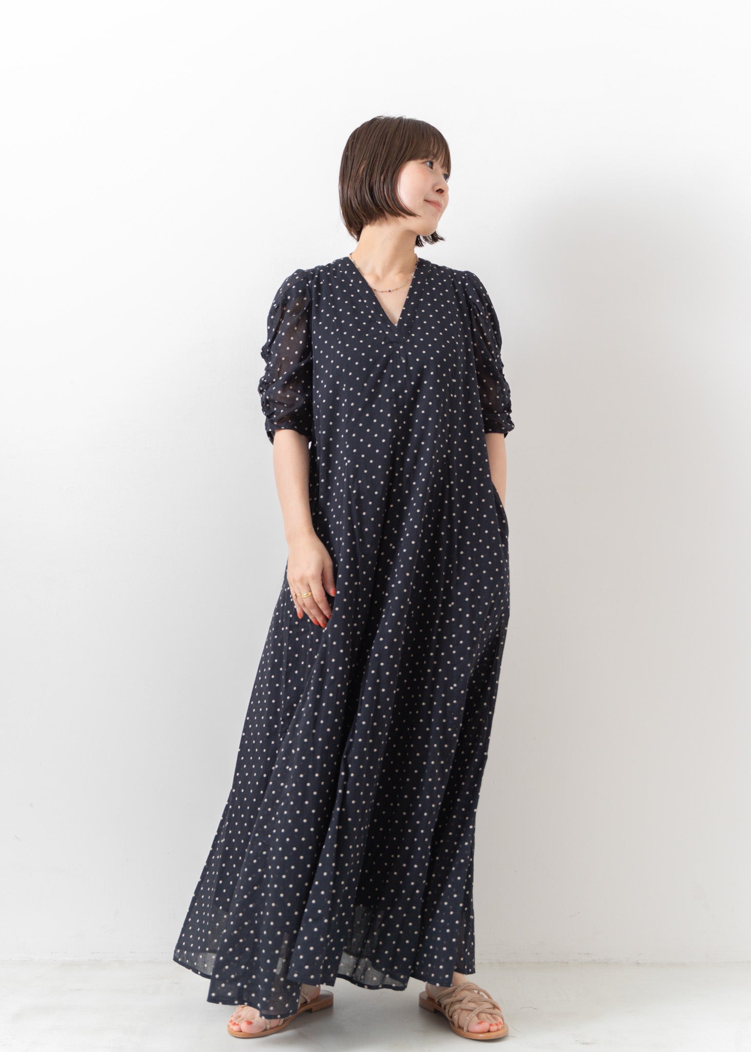 Cotton Voile Dot Print Gather Sleeve Dress