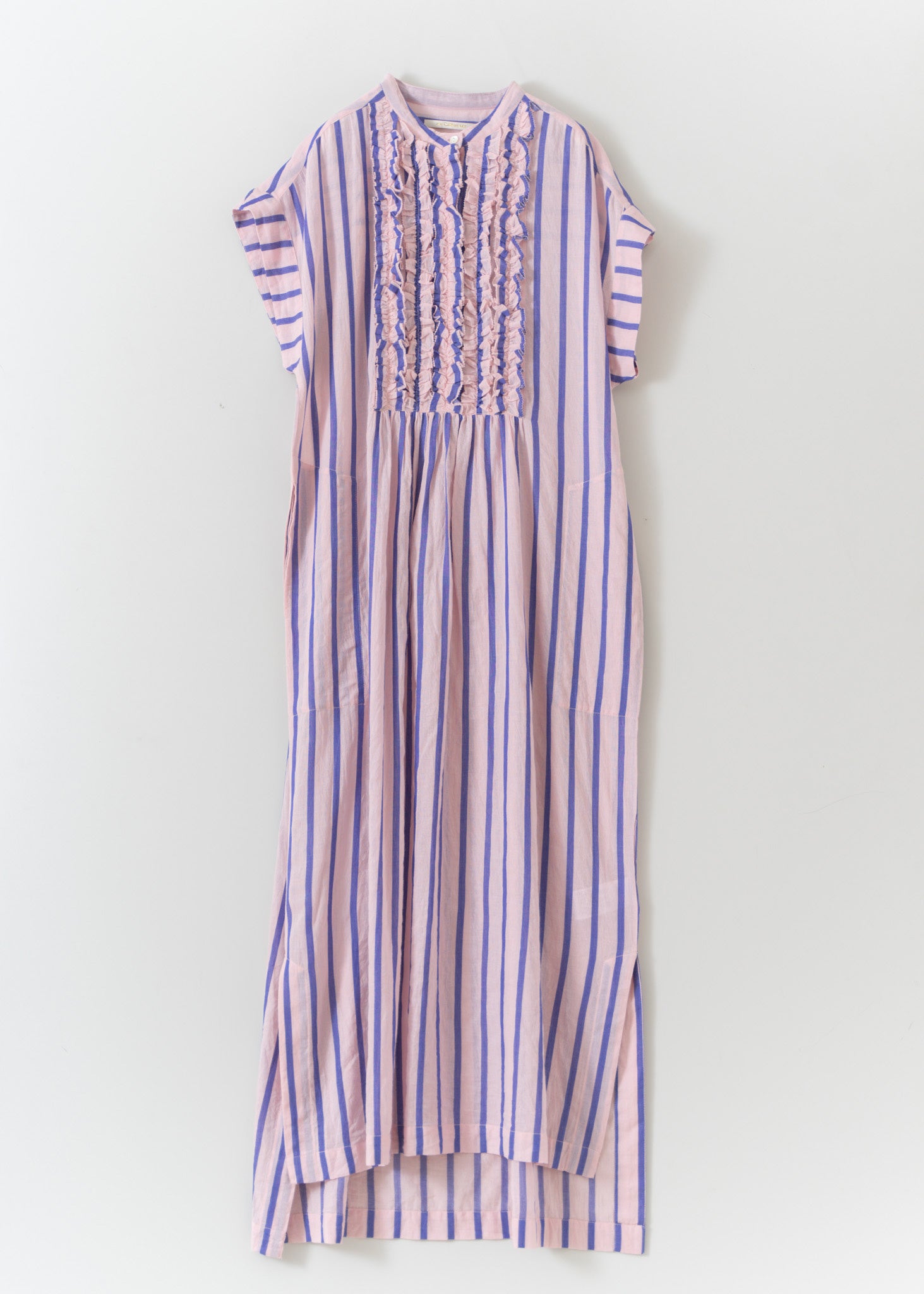 Cotton Voile Stripe Frill Sleeveless Shirt Dress