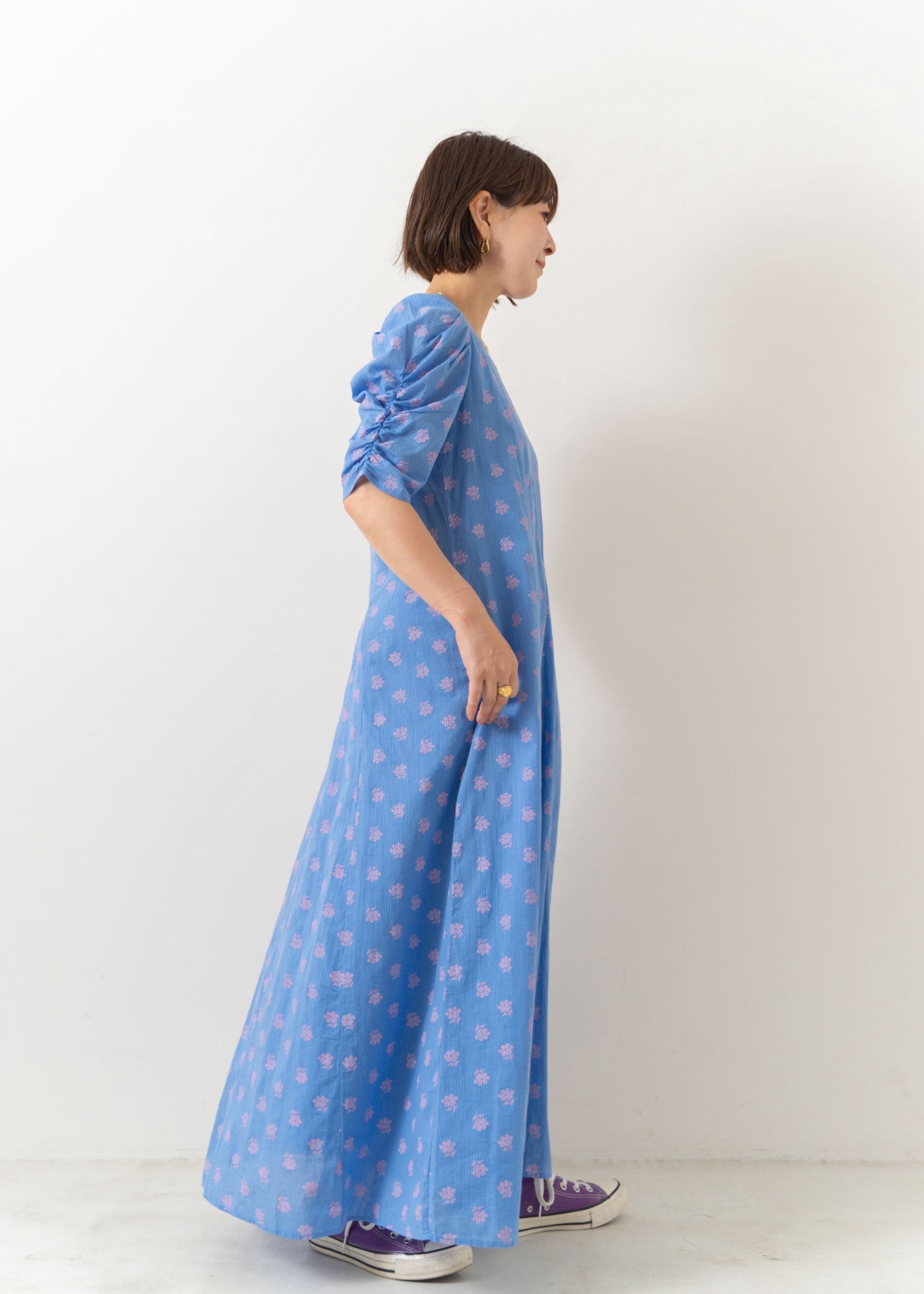 Dobby Stripe Flower Print Gather Sleeve Dress | Pasand by ne 