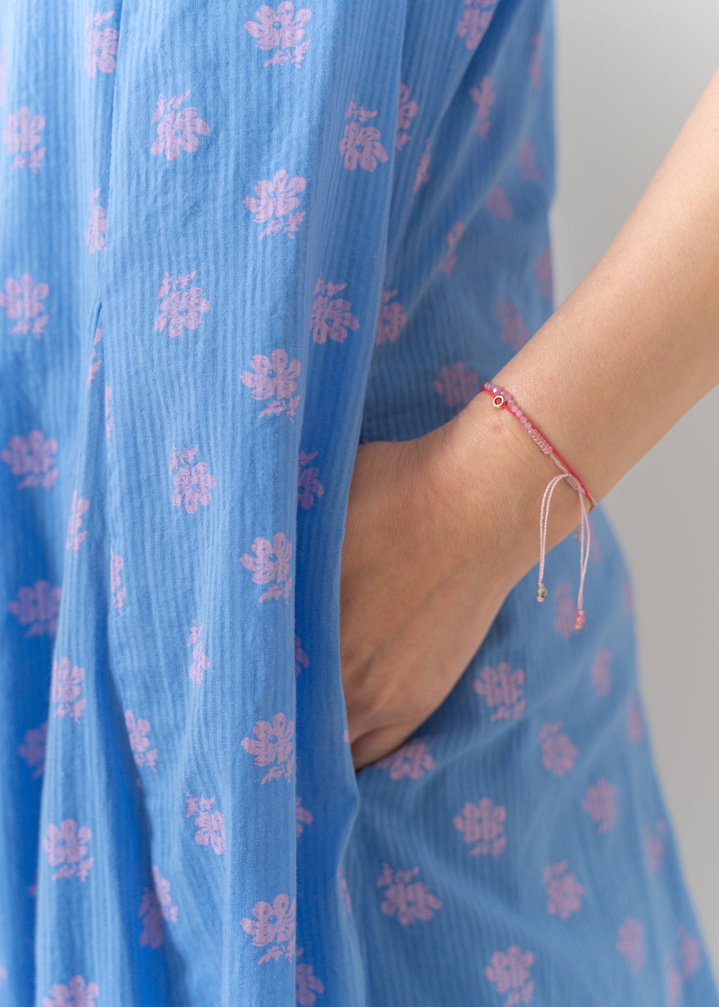 Dobby Stripe Flower Print Gather Sleeve Dress
