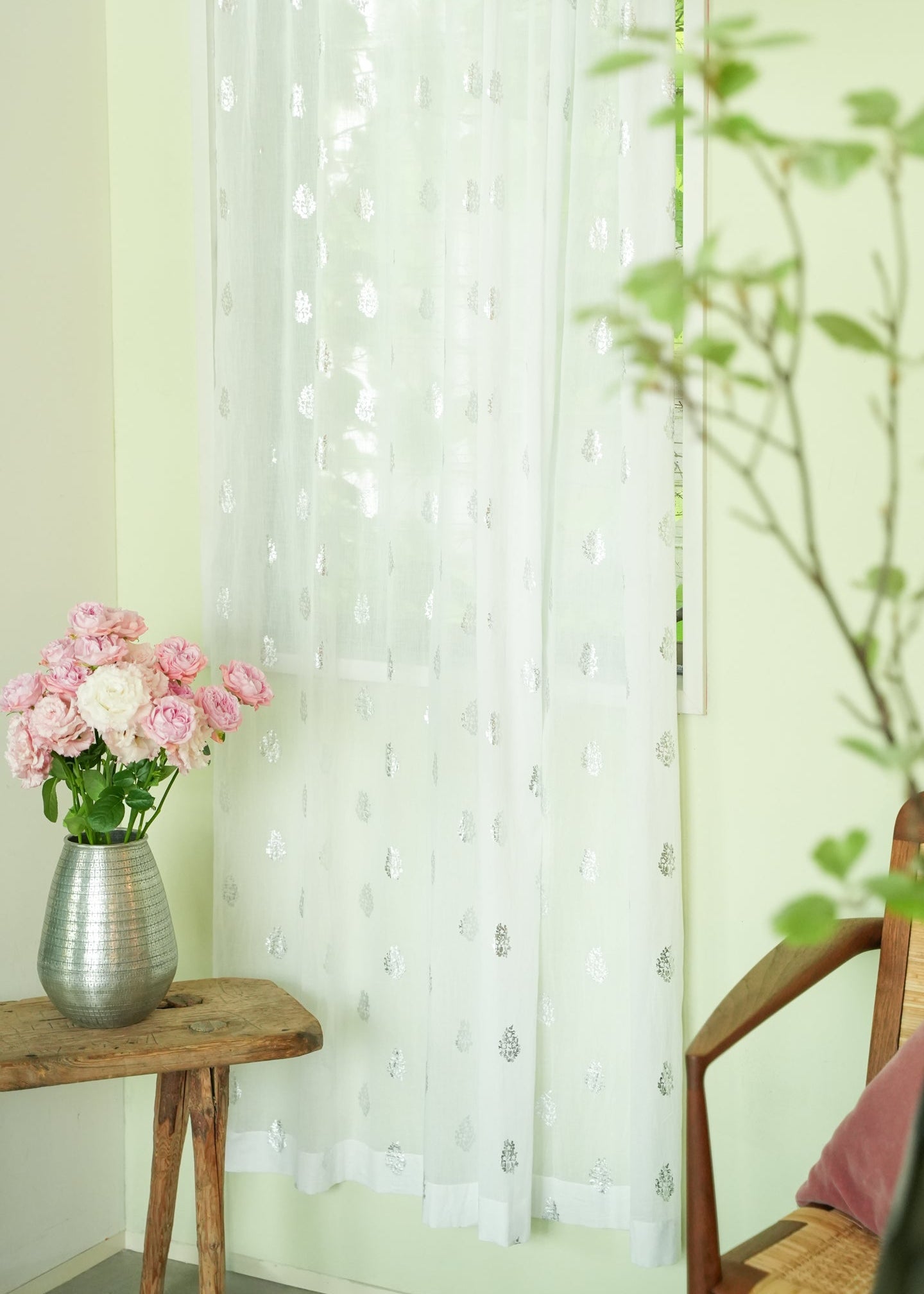 Cotton Voile Foil Flower Print Curtain