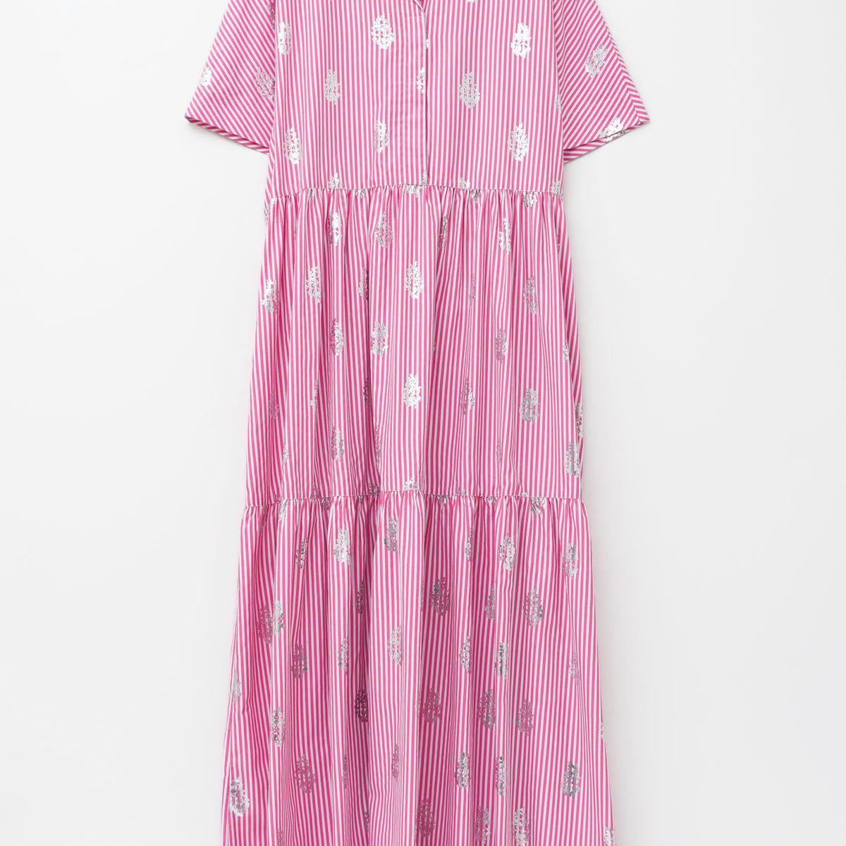 Cotton Poplin Stripe Foil Print Half Sleeve Tiered Dress | Pasand 