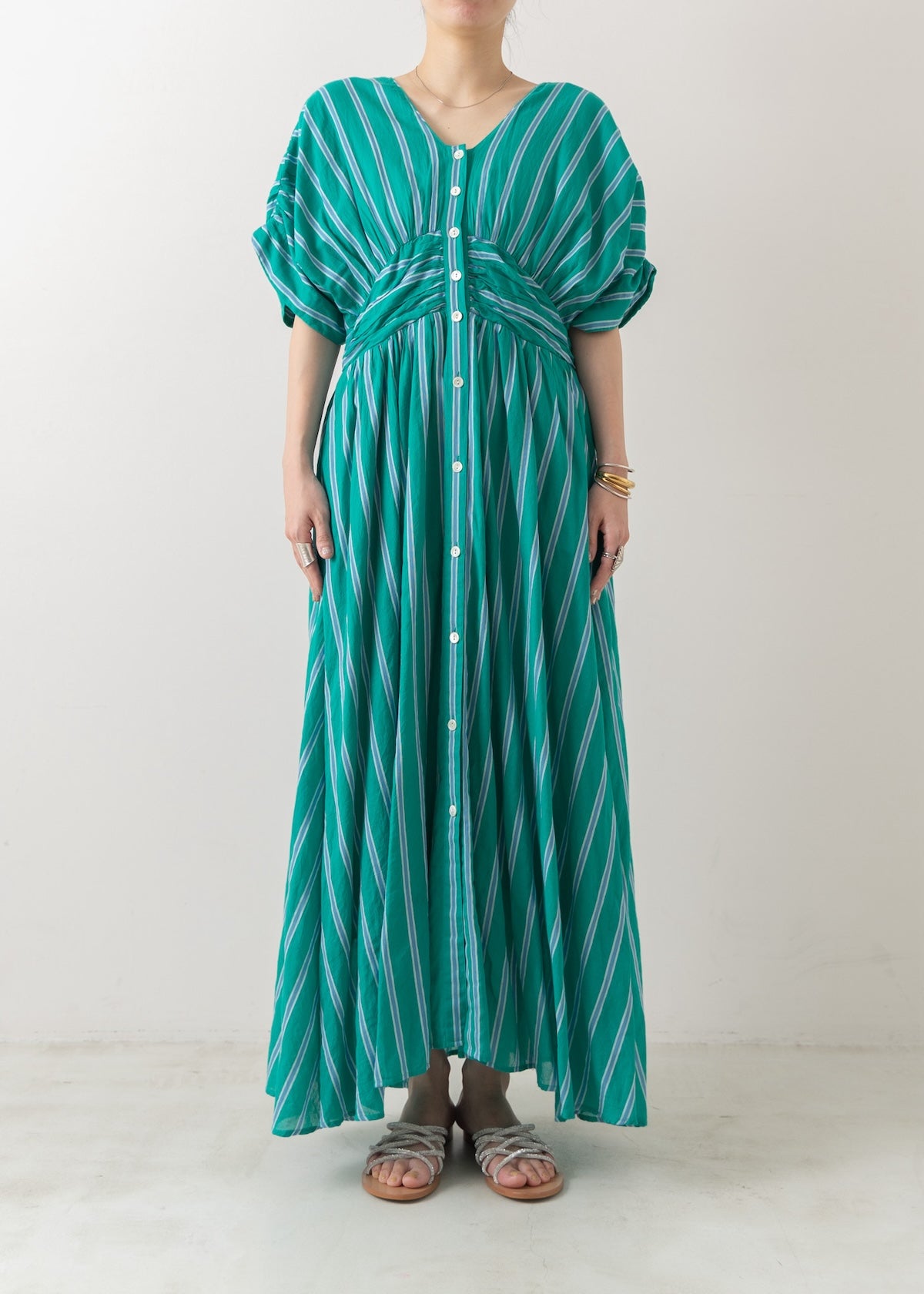 【4月中旬お届け予定】Cotton Voile Stripe Waist Gather Dress