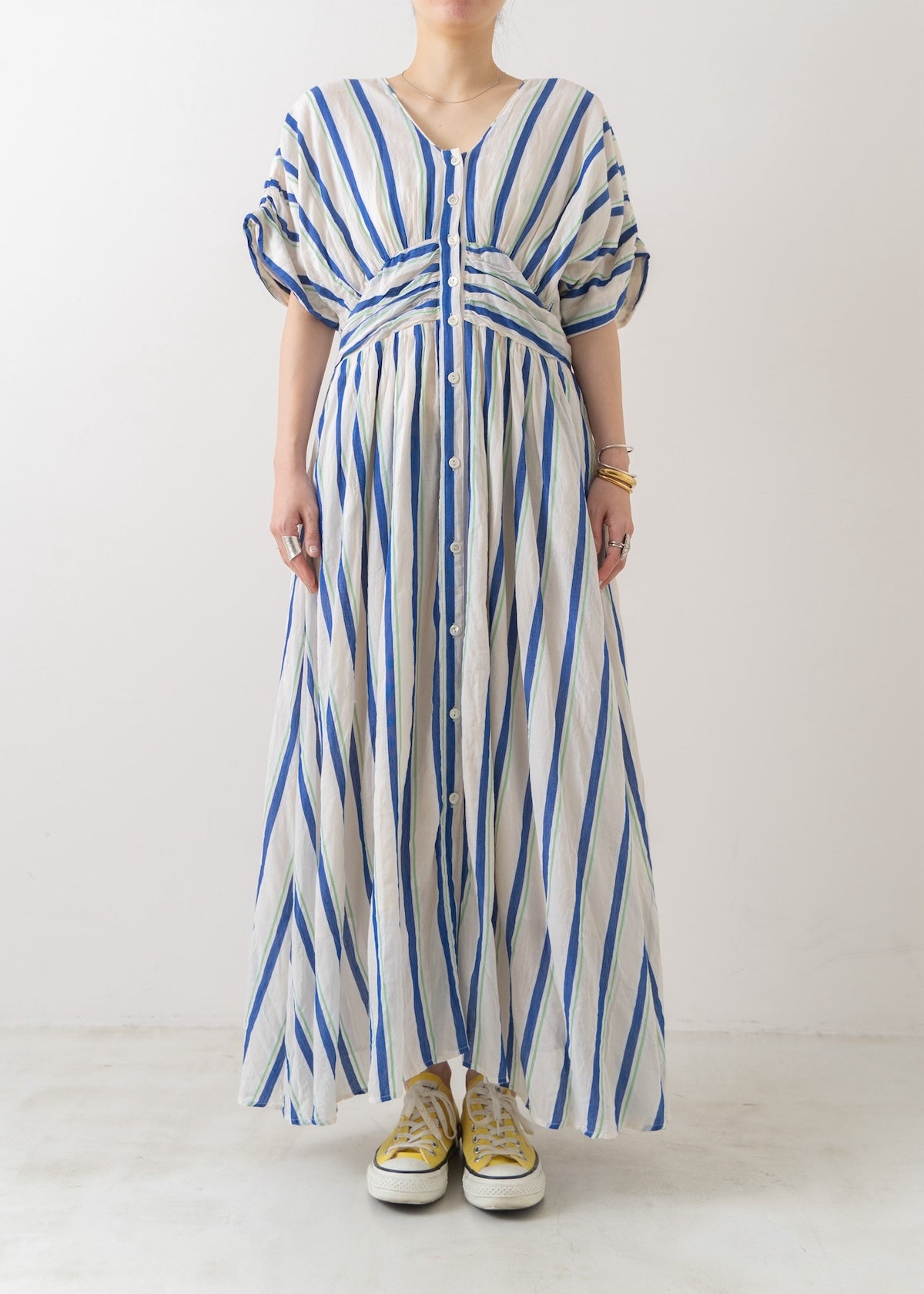 【4月中旬お届け予定】Cotton Voile Stripe Waist Gather Dress