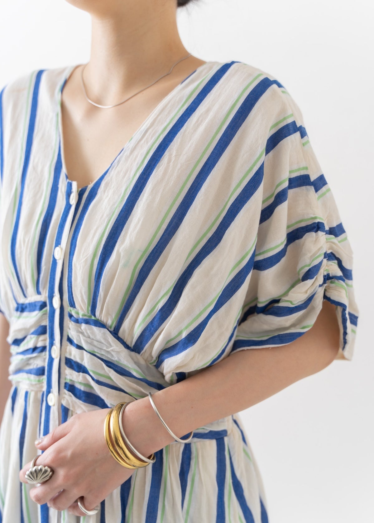 【4月中旬お届け予定】Cotton Voile Stripe Waist Gather Dress