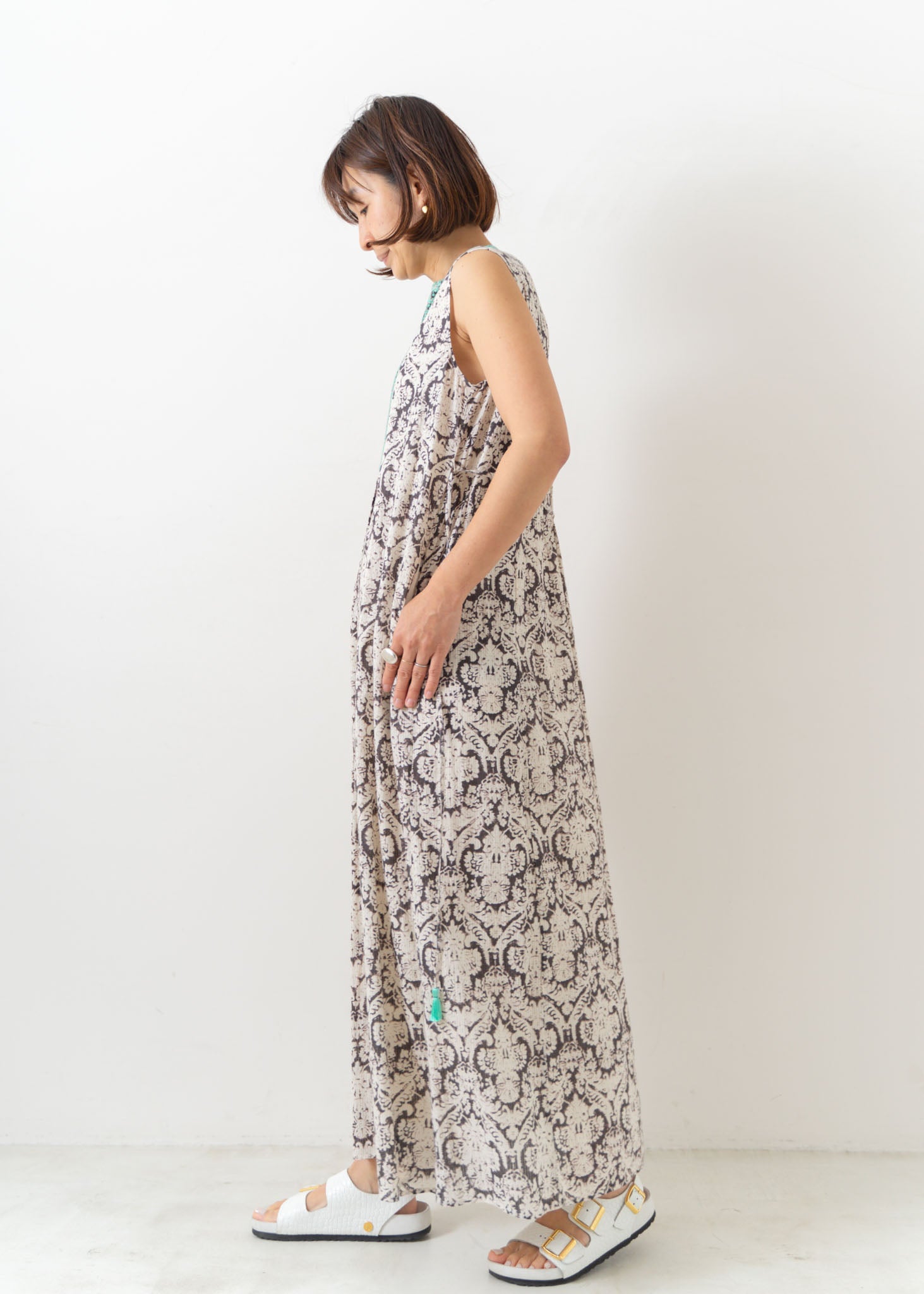 Dobby Stripe Damask Print Embroidery Sleeveless Dress | Pasand by