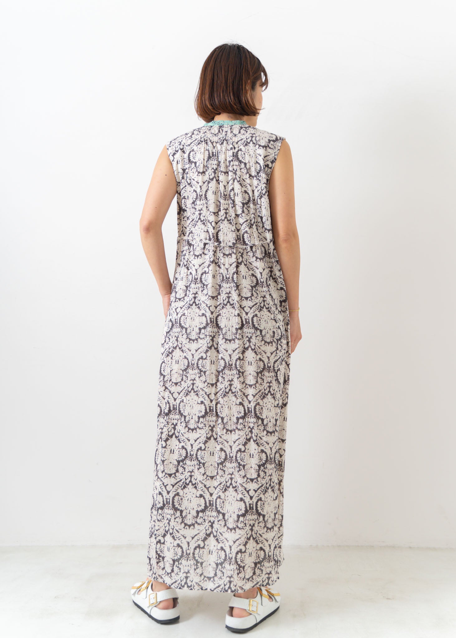 Dobby Stripe Damask Print Embroidery Sleeveless Dress | Pasand by