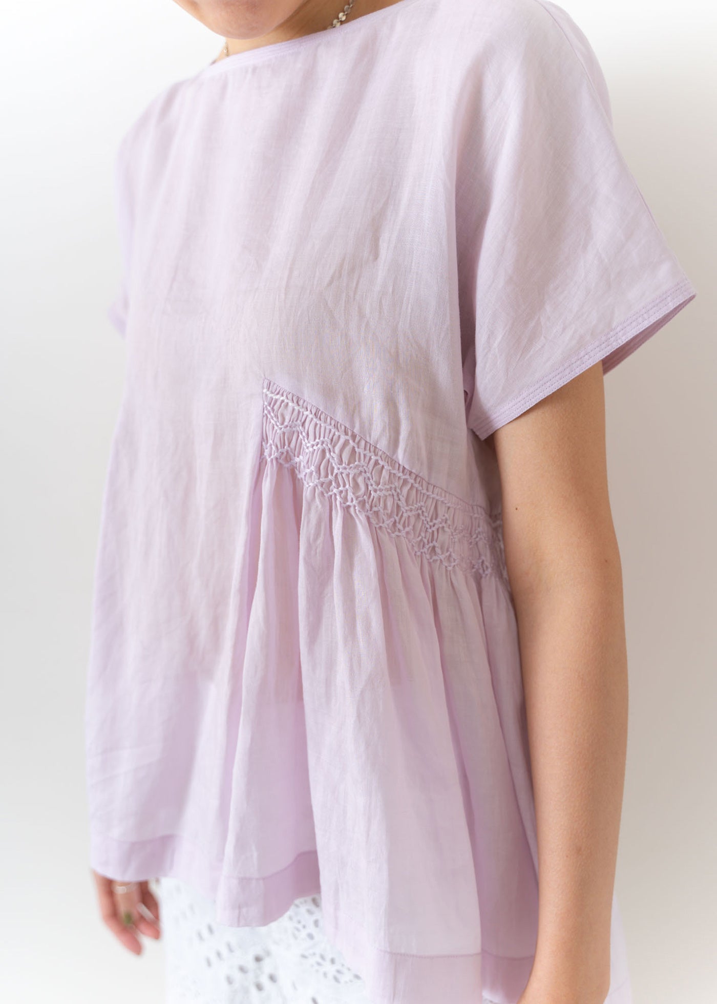 Ramie Smocking Short Sleeve Blouse