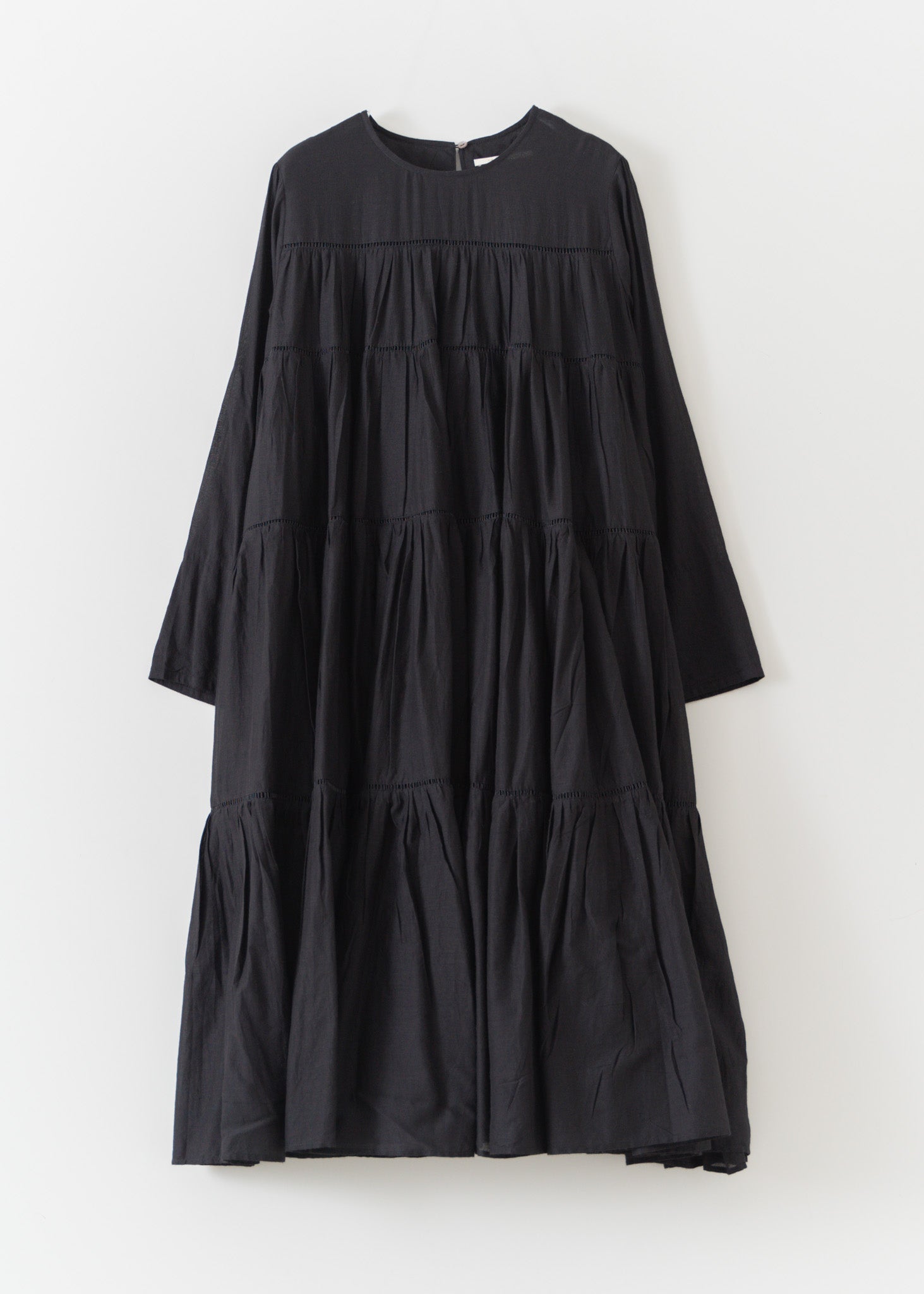Cotton Voile Tiered Middle Length Dress Black