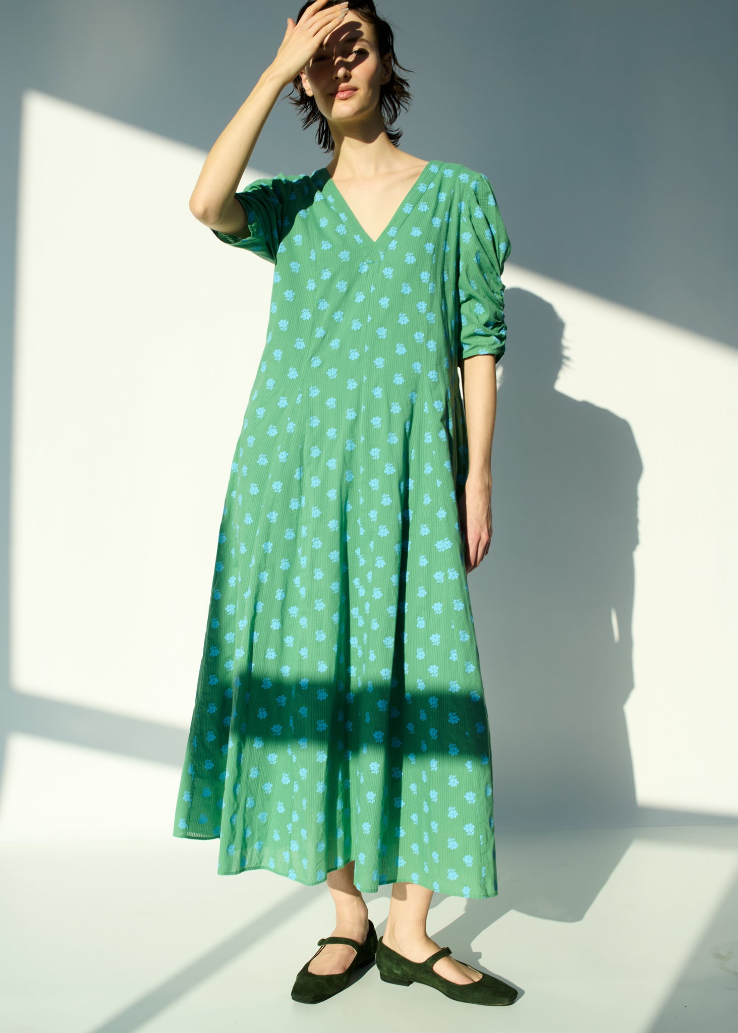Cotton Dobby Stripe Anemone Print Gather Sleeve Dress | Pasand by