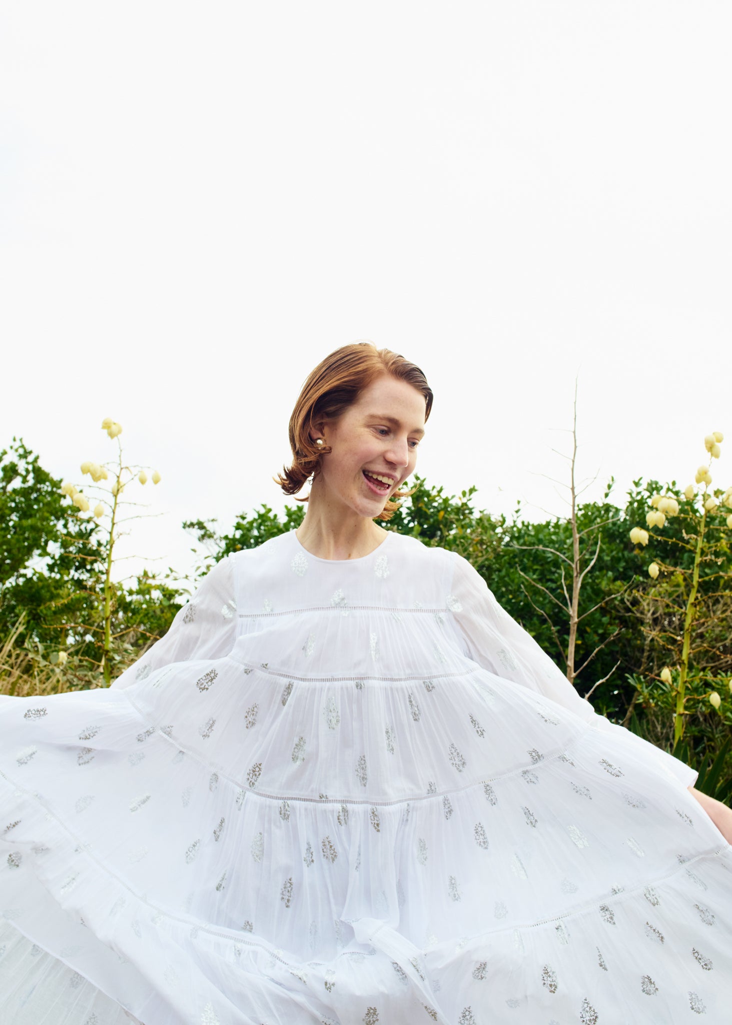 Cotton Voile Foil Flower Print Tiered Middle Length Dress | Pasand