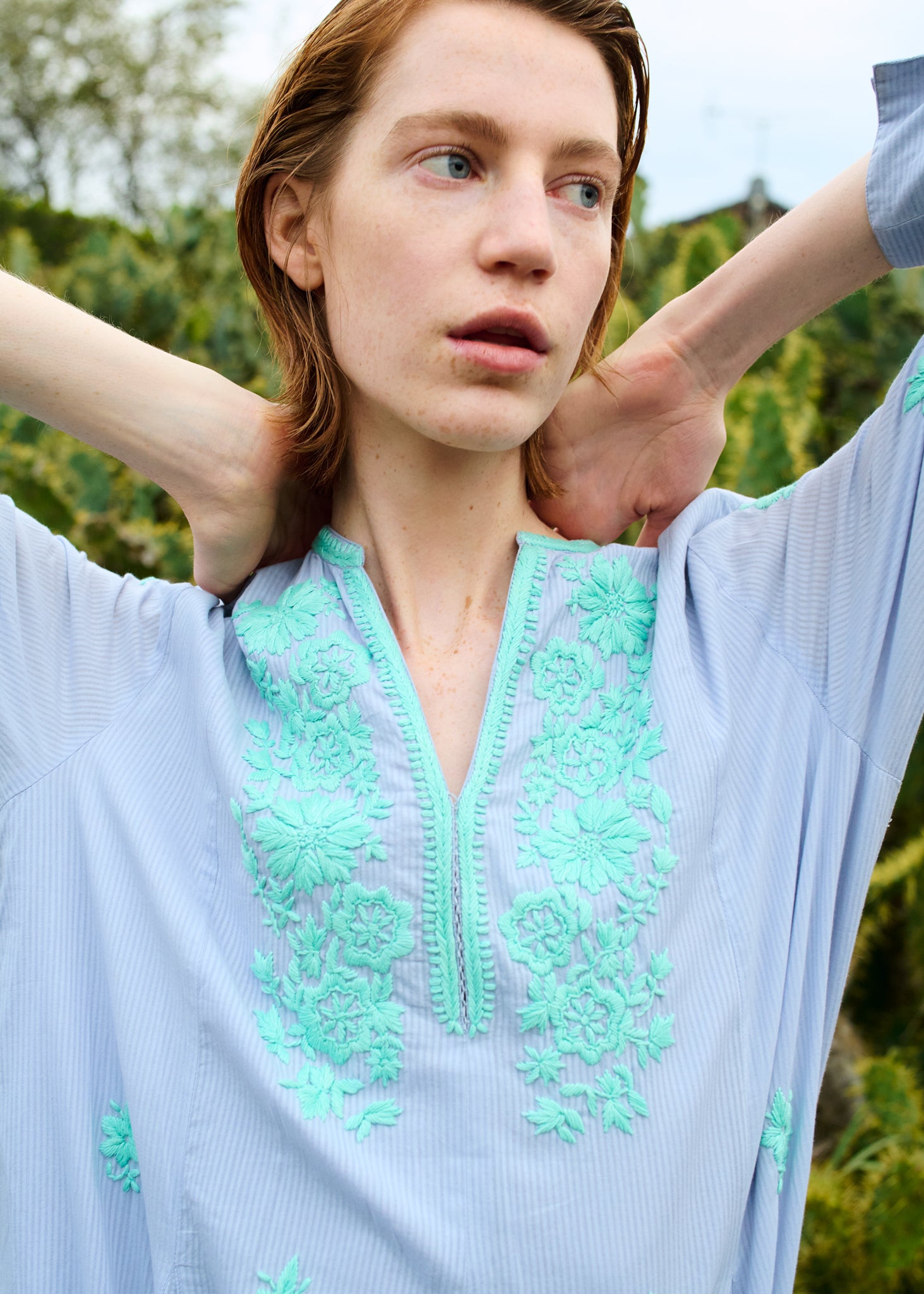 Dobby Stripe Chikan Embroidery Panel Dress