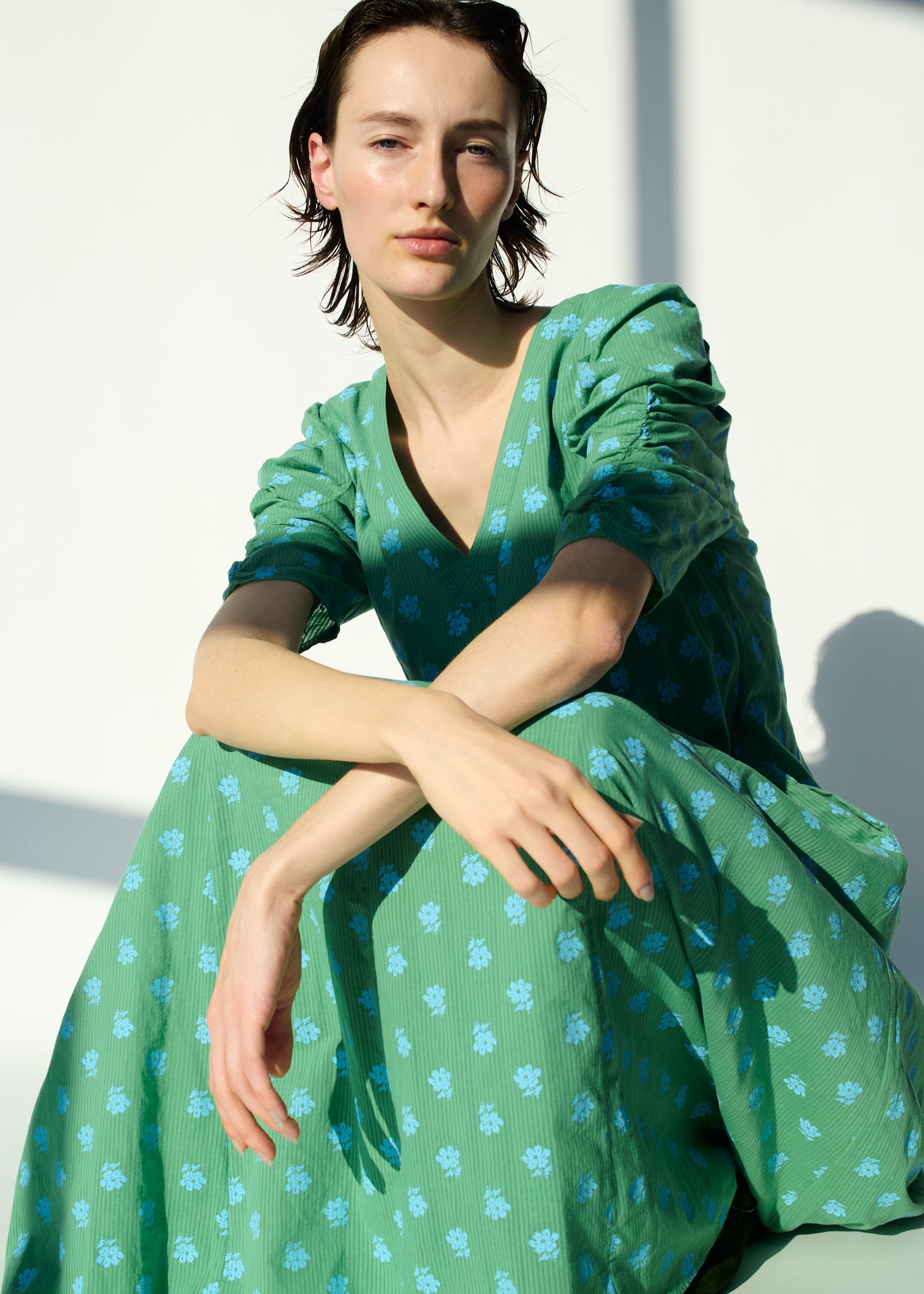 【5月上旬お届け予定】Cotton Dobby Stripe Anemone Print Gather Sleeve Dress