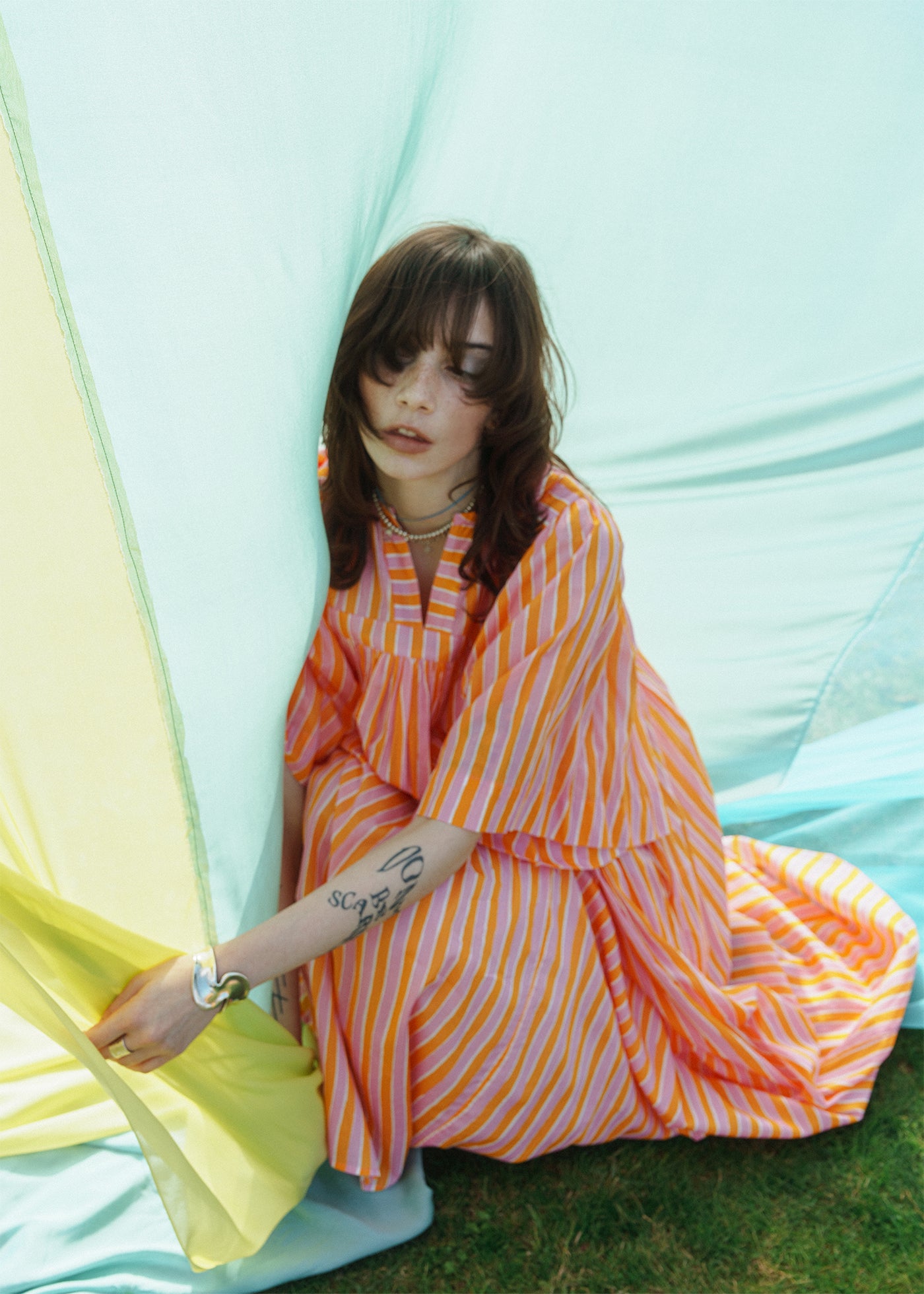 Cotton Wave Stripe Print Half Sleeve Gather Dress