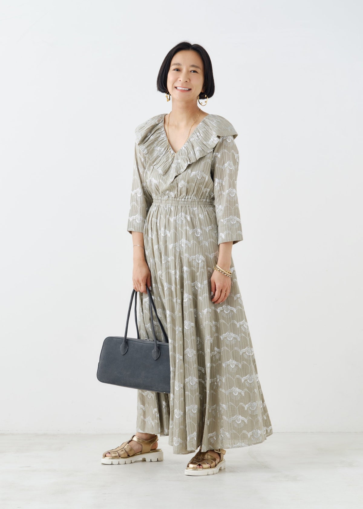 Cotton Dobby Wave Flower Foil Print Frill Collar Dress