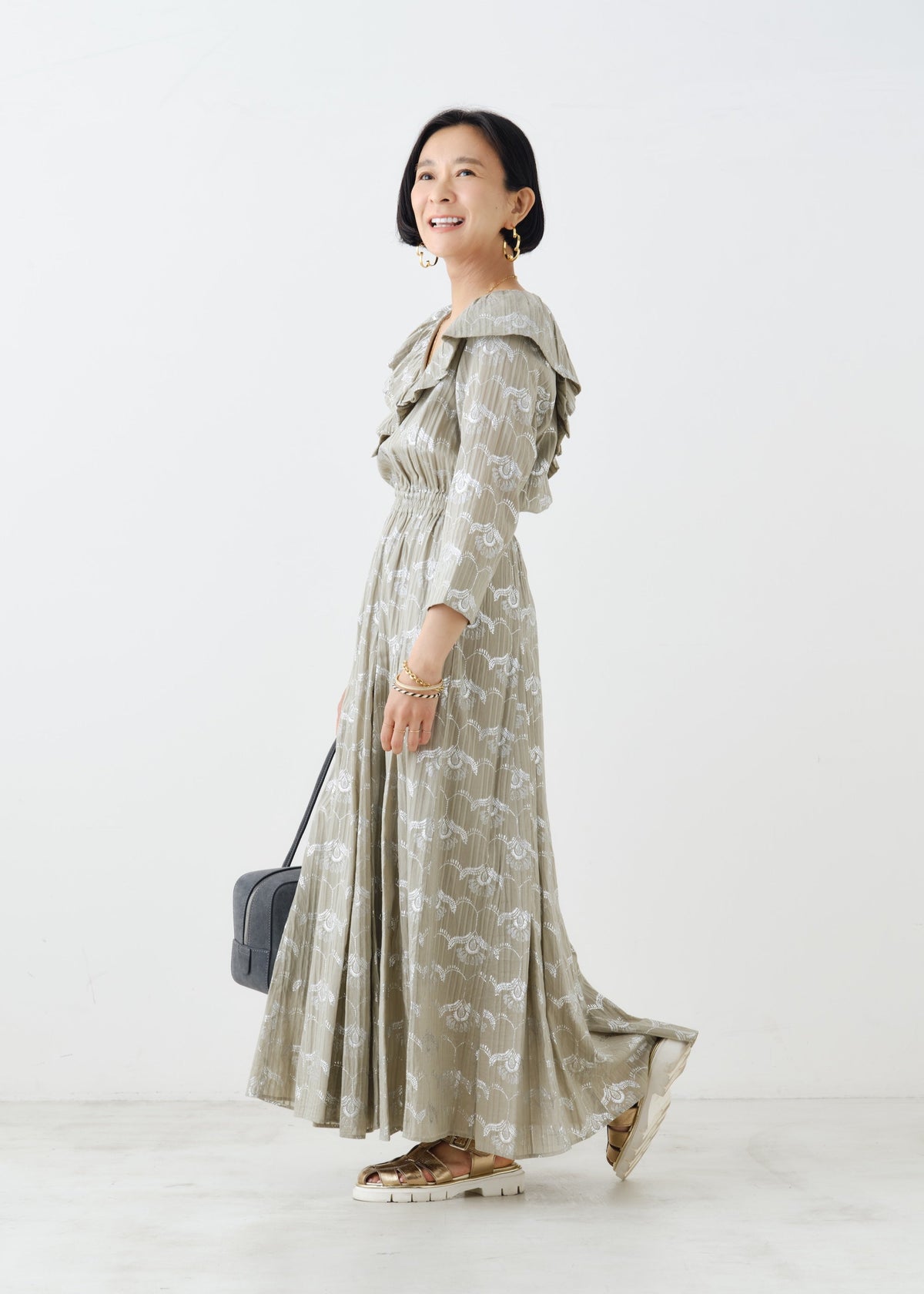 Cotton Dobby Wave Flower Foil Print Frill Collar Dress