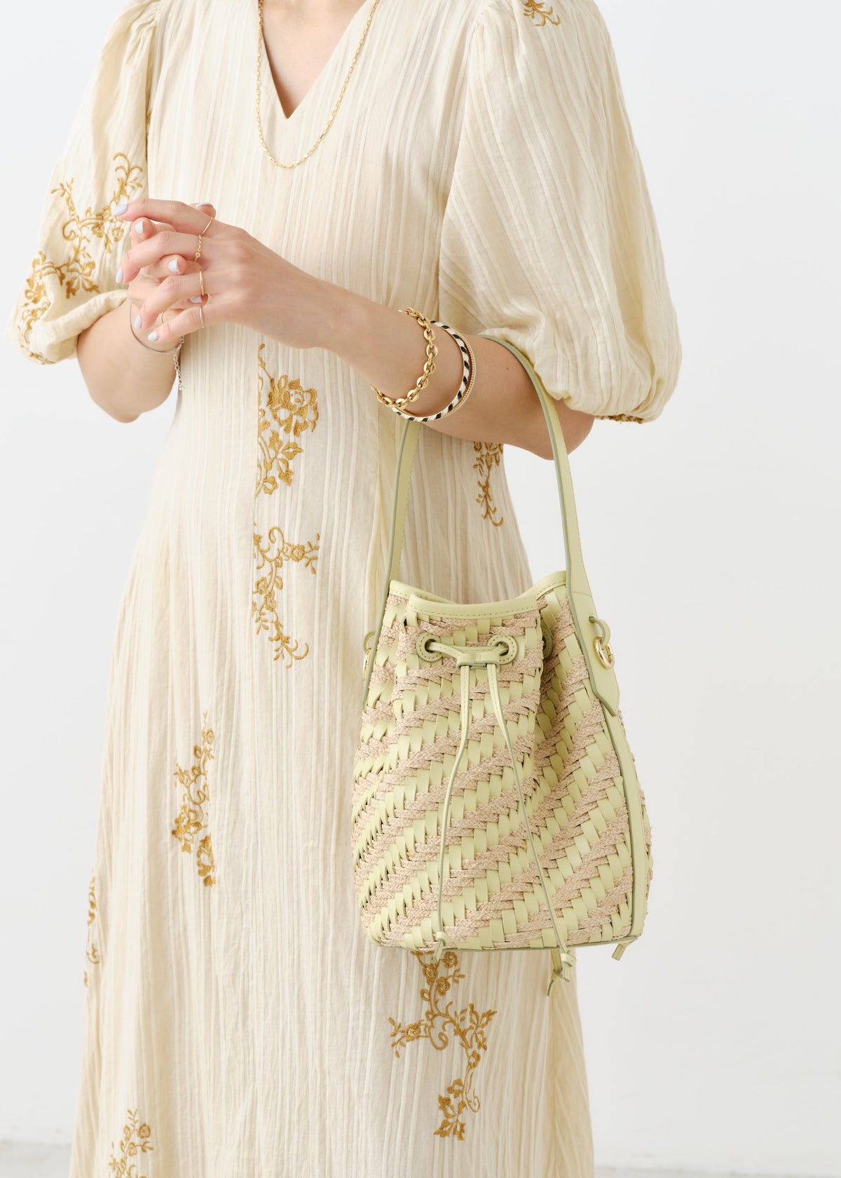 Leather Raffia Bucket Bag
