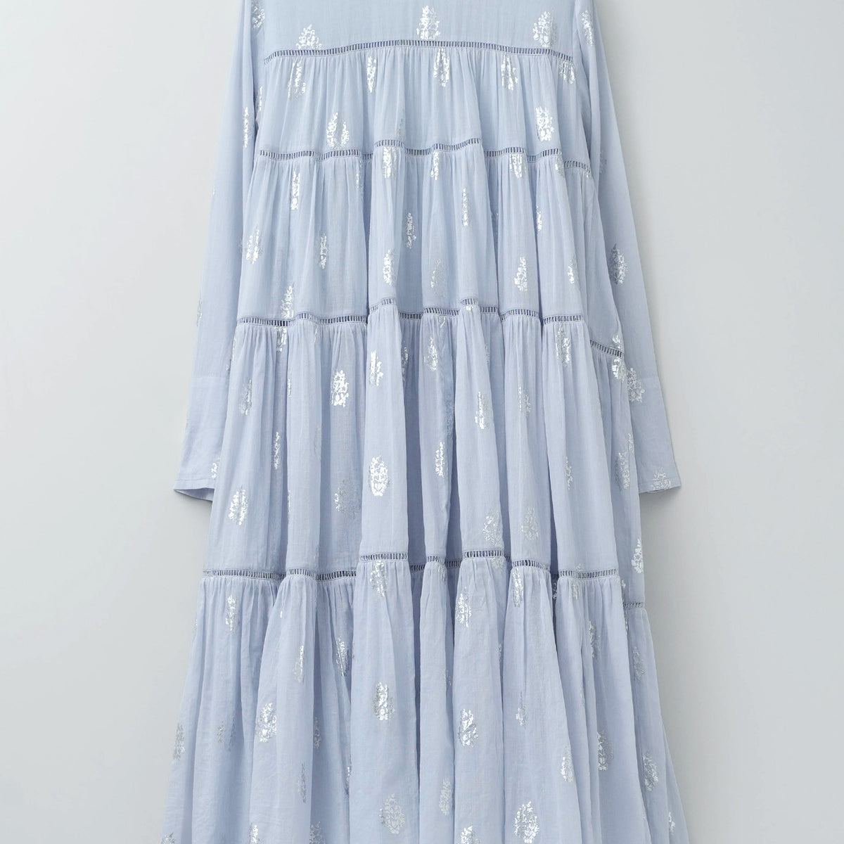 Cotton Voile Foil Flower Print Tiered Middle Length Dress | Pasand 
