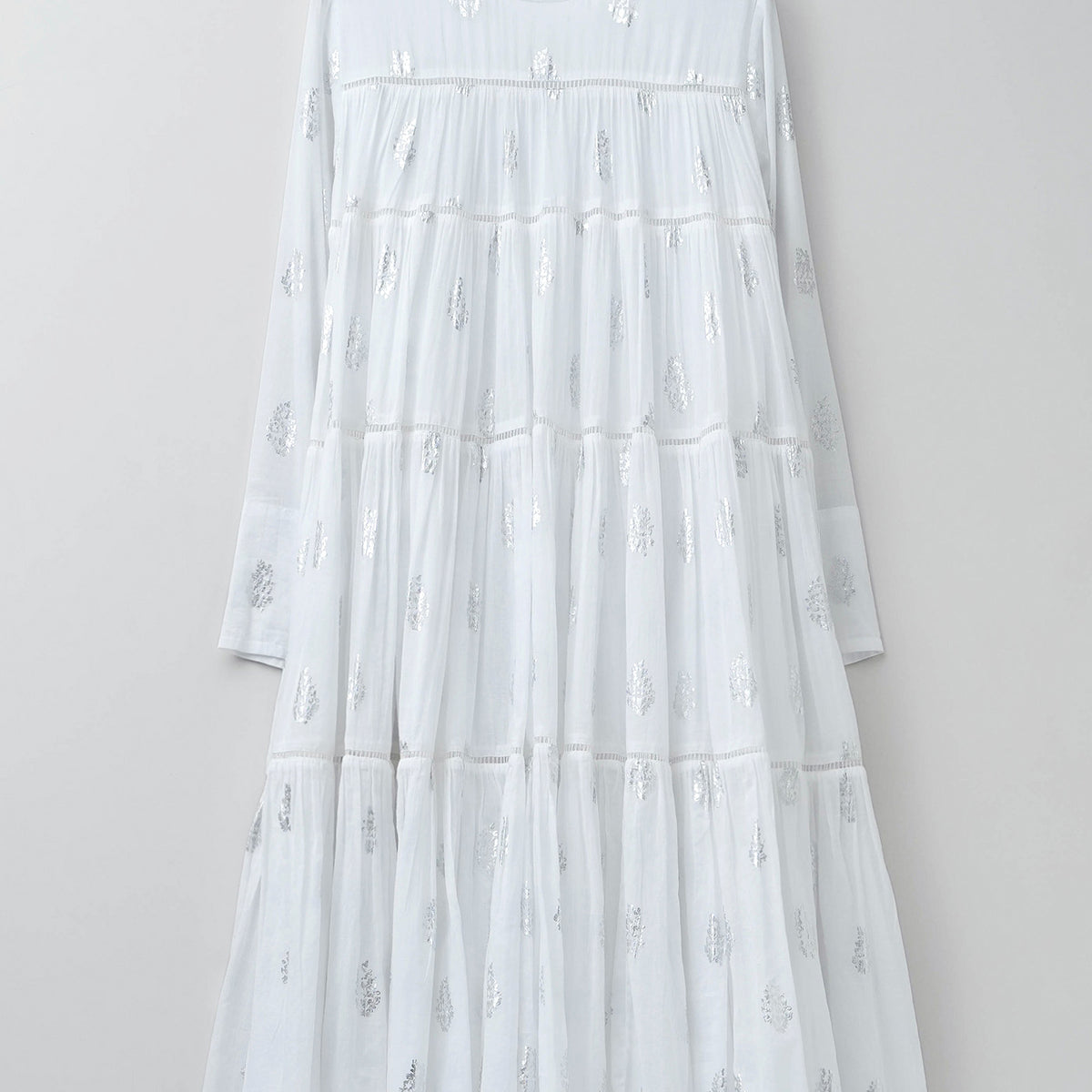 Cotton Voile Foil Flower Print Tiered Middle Length Dress | Pasand 