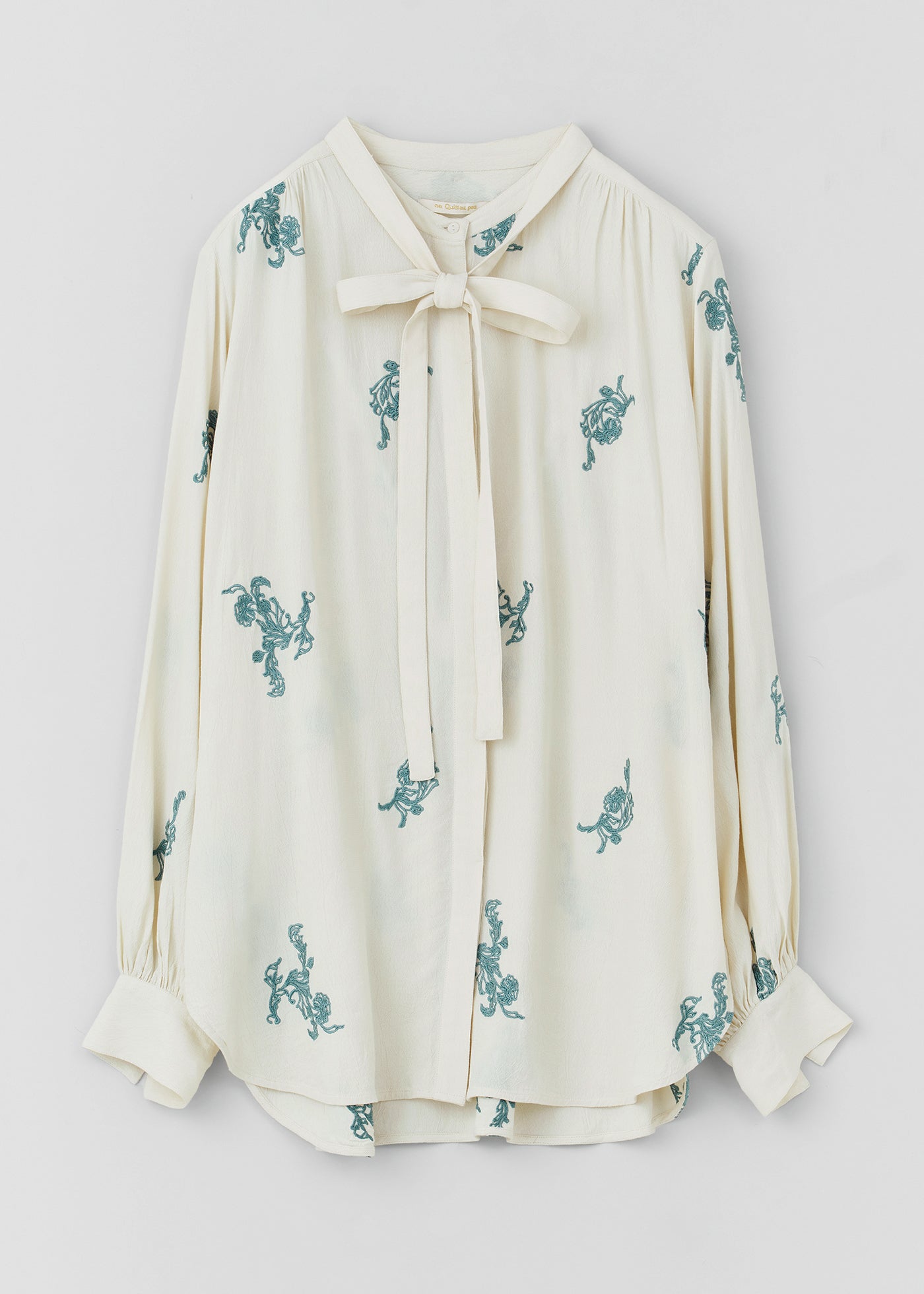 Moss Crape Mini Flower Embroidery Bow Tie Shirts