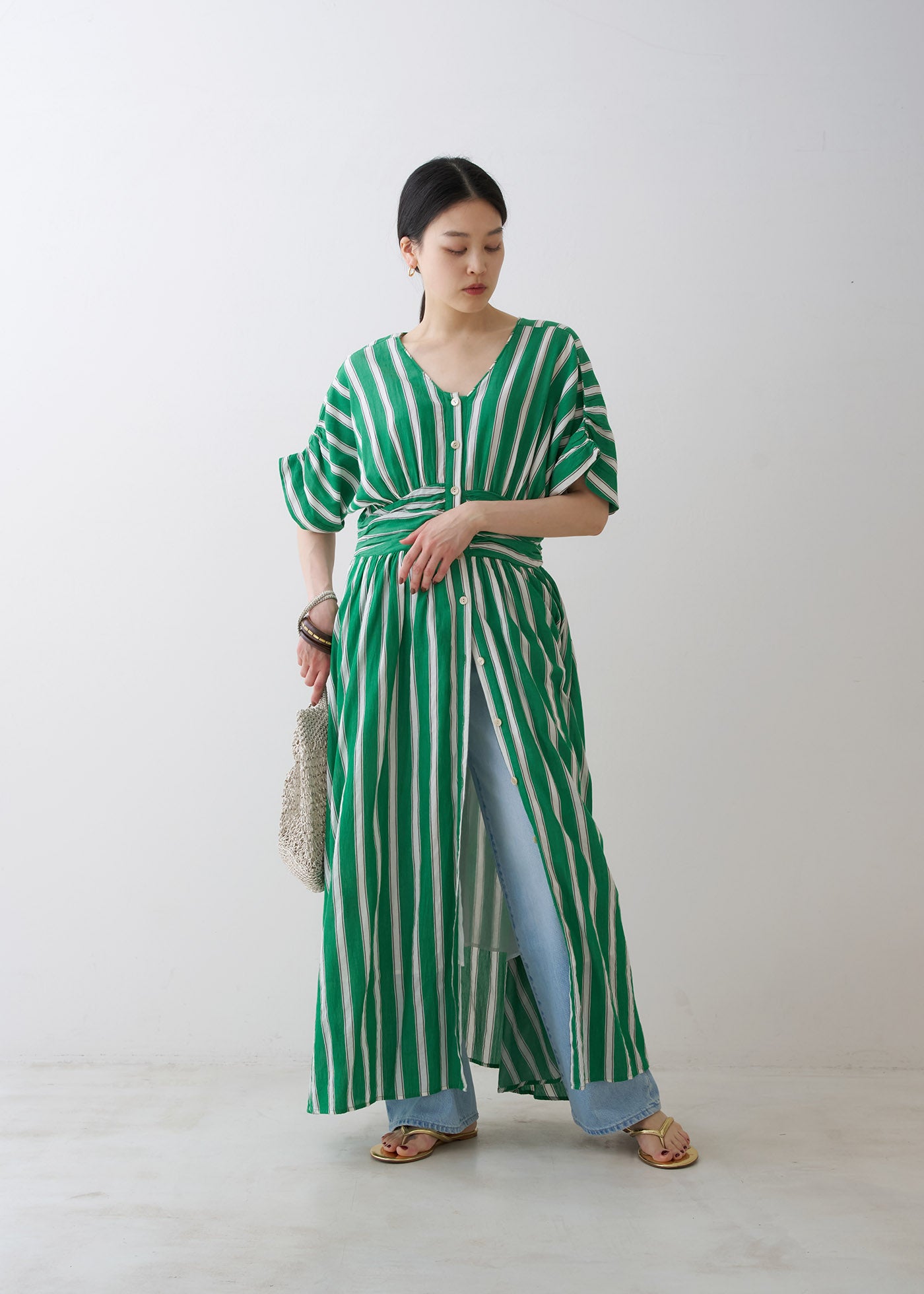 Cotton Voile Stripe Waist Gather Dress