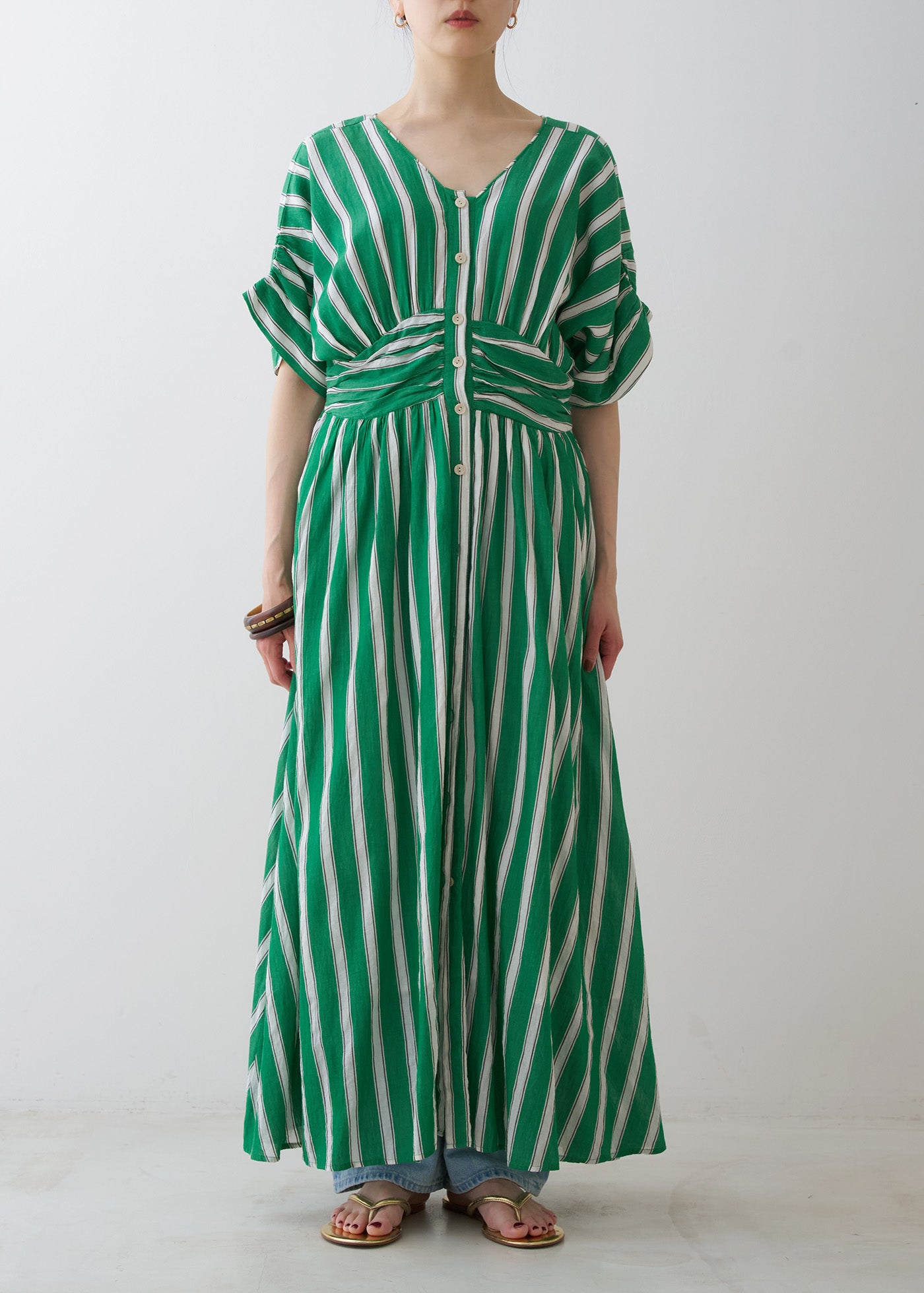 Cotton Voile Stripe Waist Gather Dress