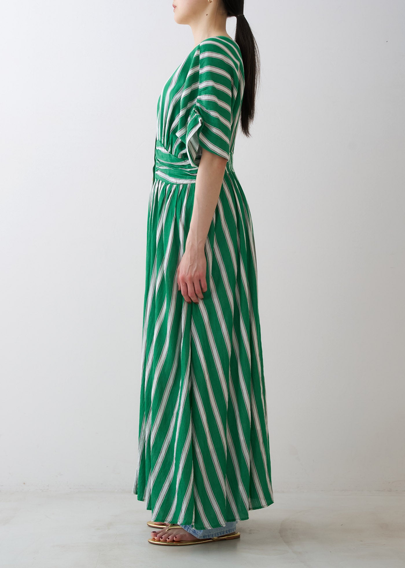 【Navyご予約受付中】Cotton Voile Stripe Waist Gather Dress