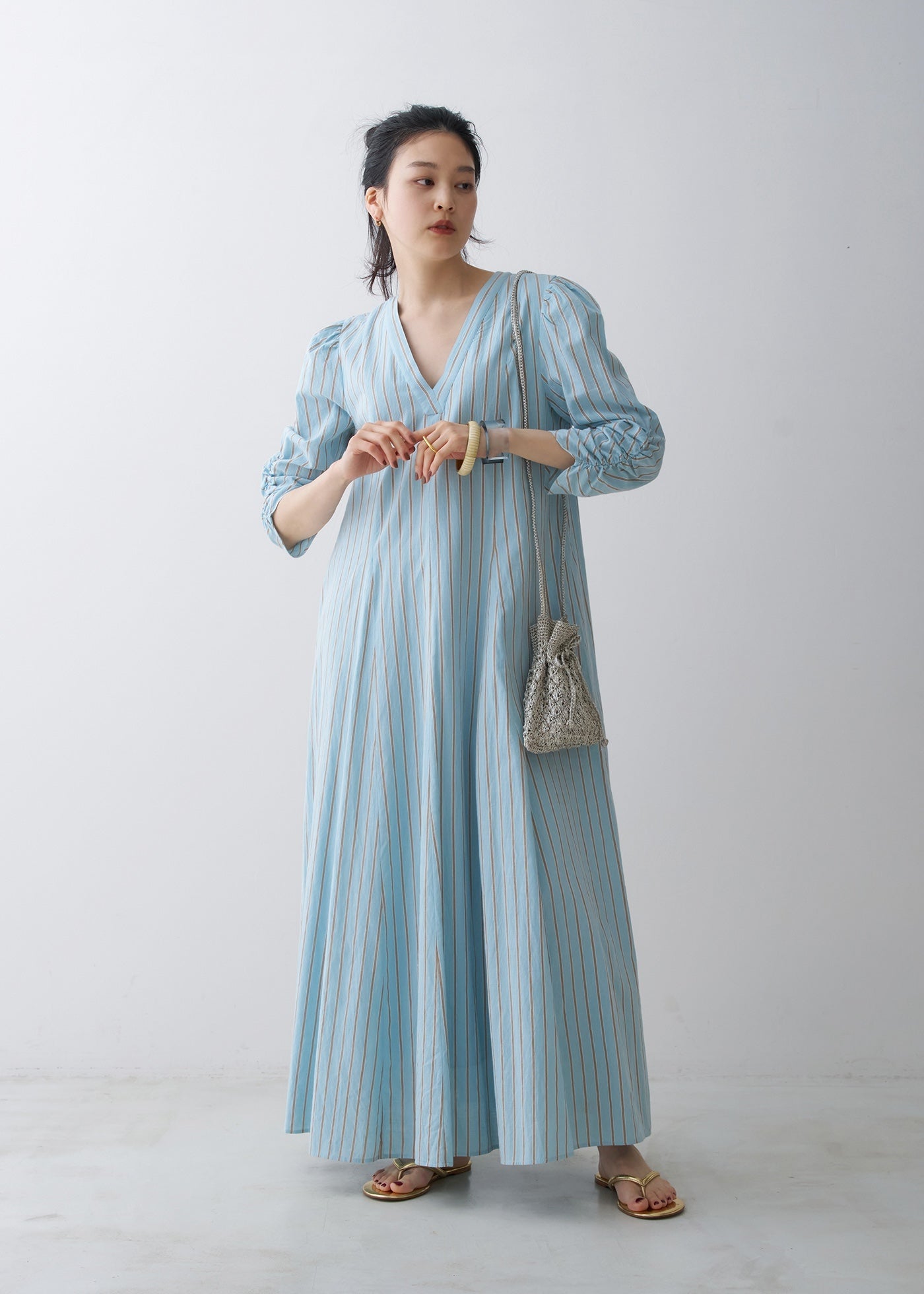 Cotton Slub Stripe Gather Sleeve Dress