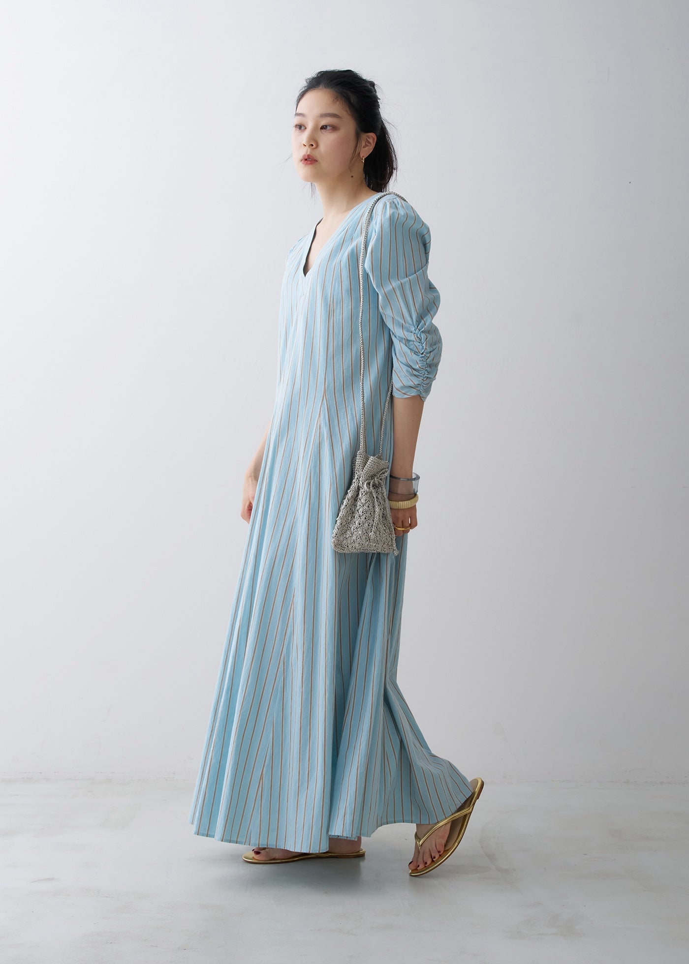 Cotton Slub Stripe Gather Sleeve Dress