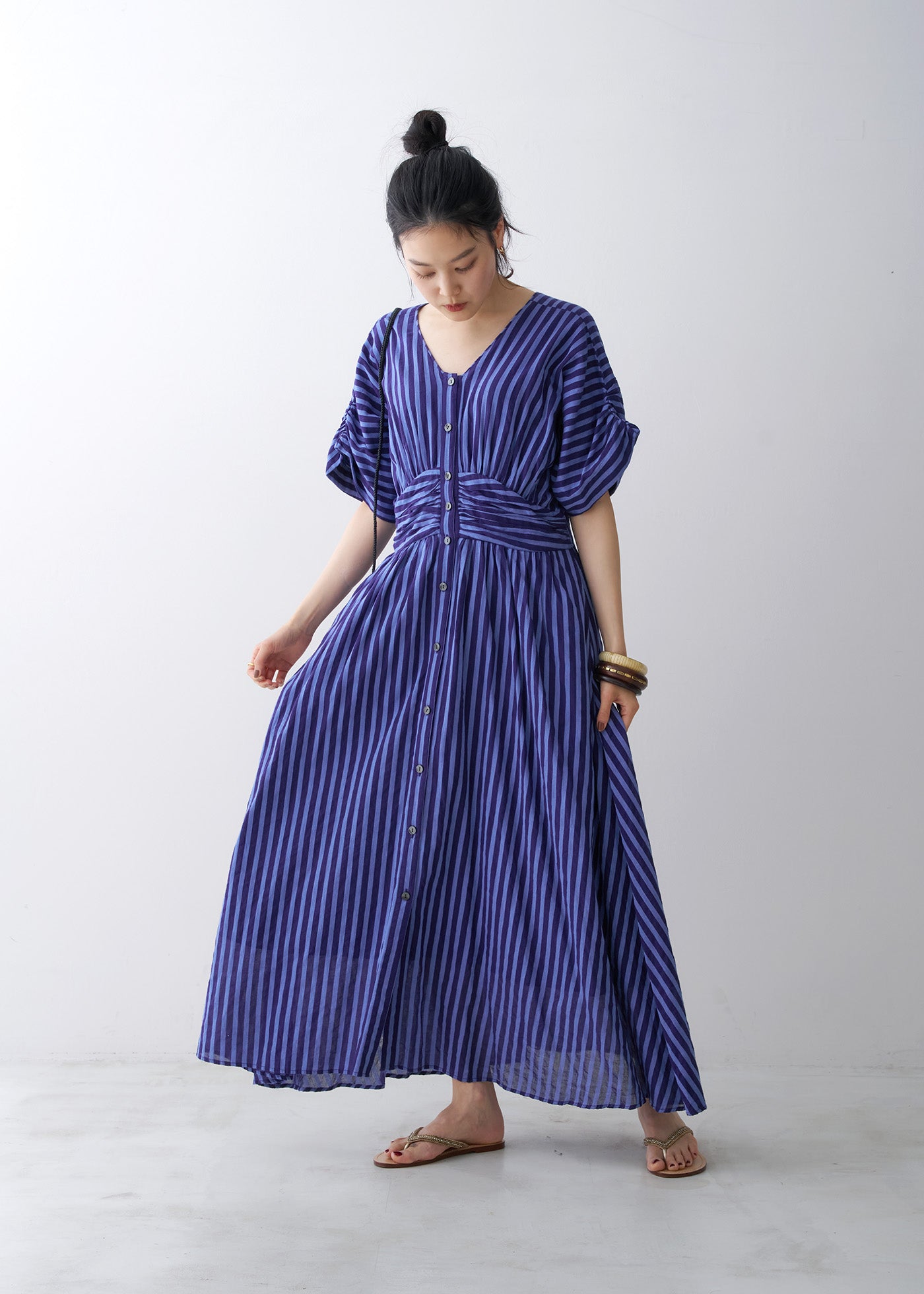 【Navyご予約受付中】Cotton Voile Stripe Waist Gather Dress