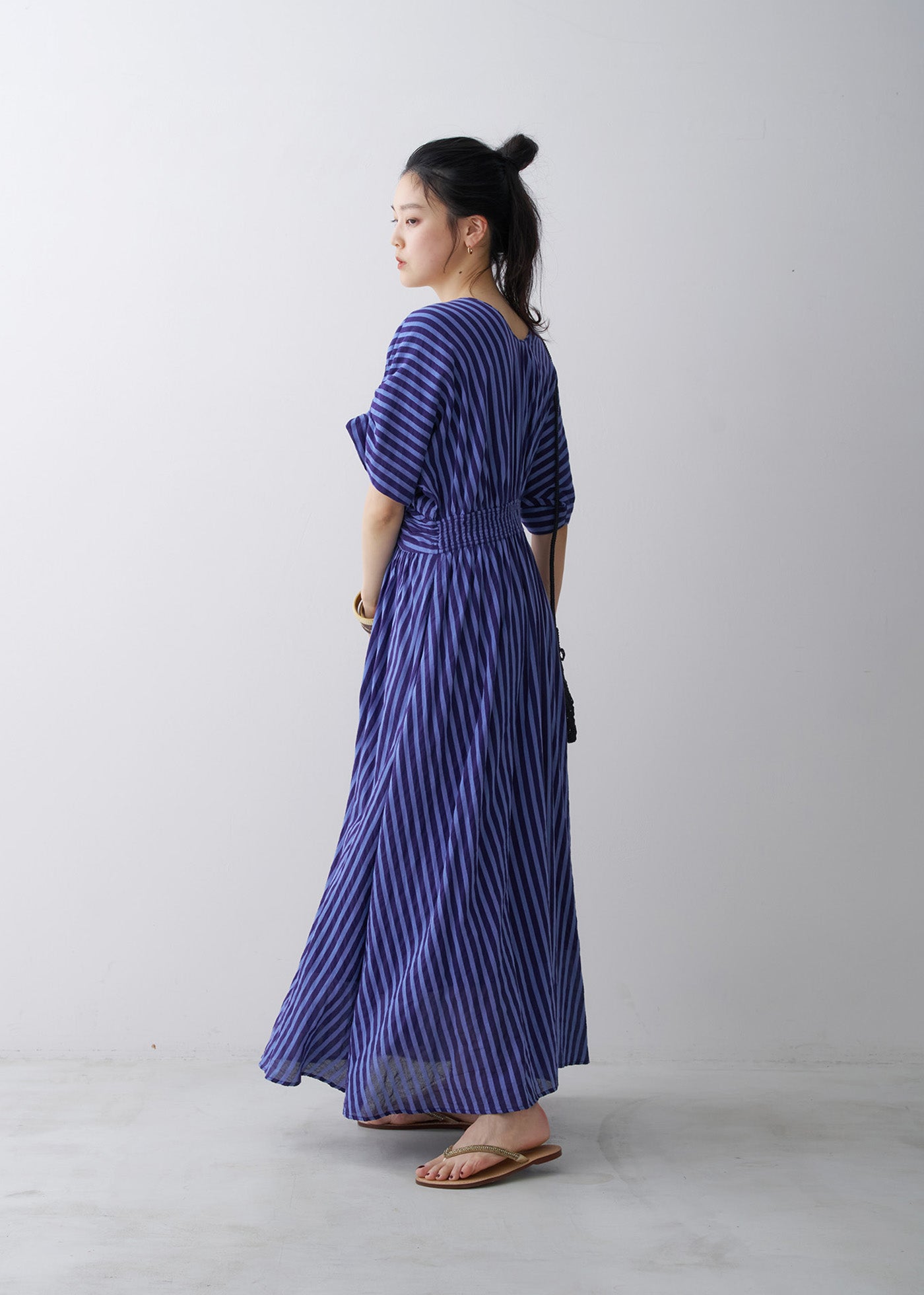 【Navyご予約受付中】Cotton Voile Stripe Waist Gather Dress