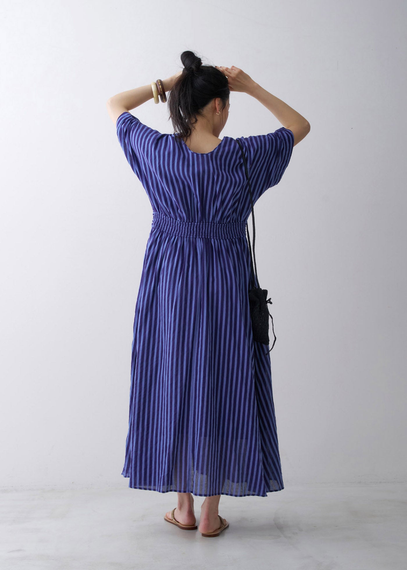 【Navyご予約受付中】Cotton Voile Stripe Waist Gather Dress