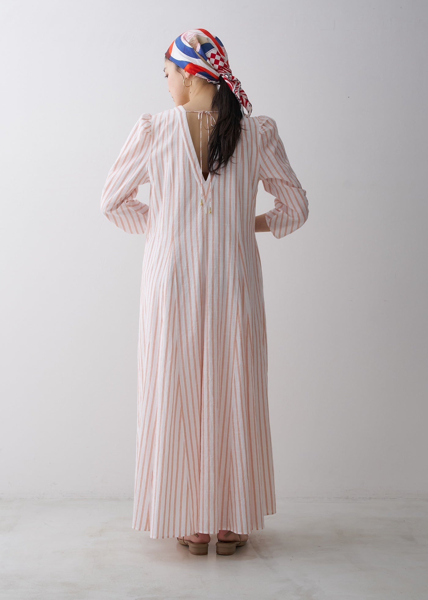 Cotton Slub Stripe Gather Sleeve Dress