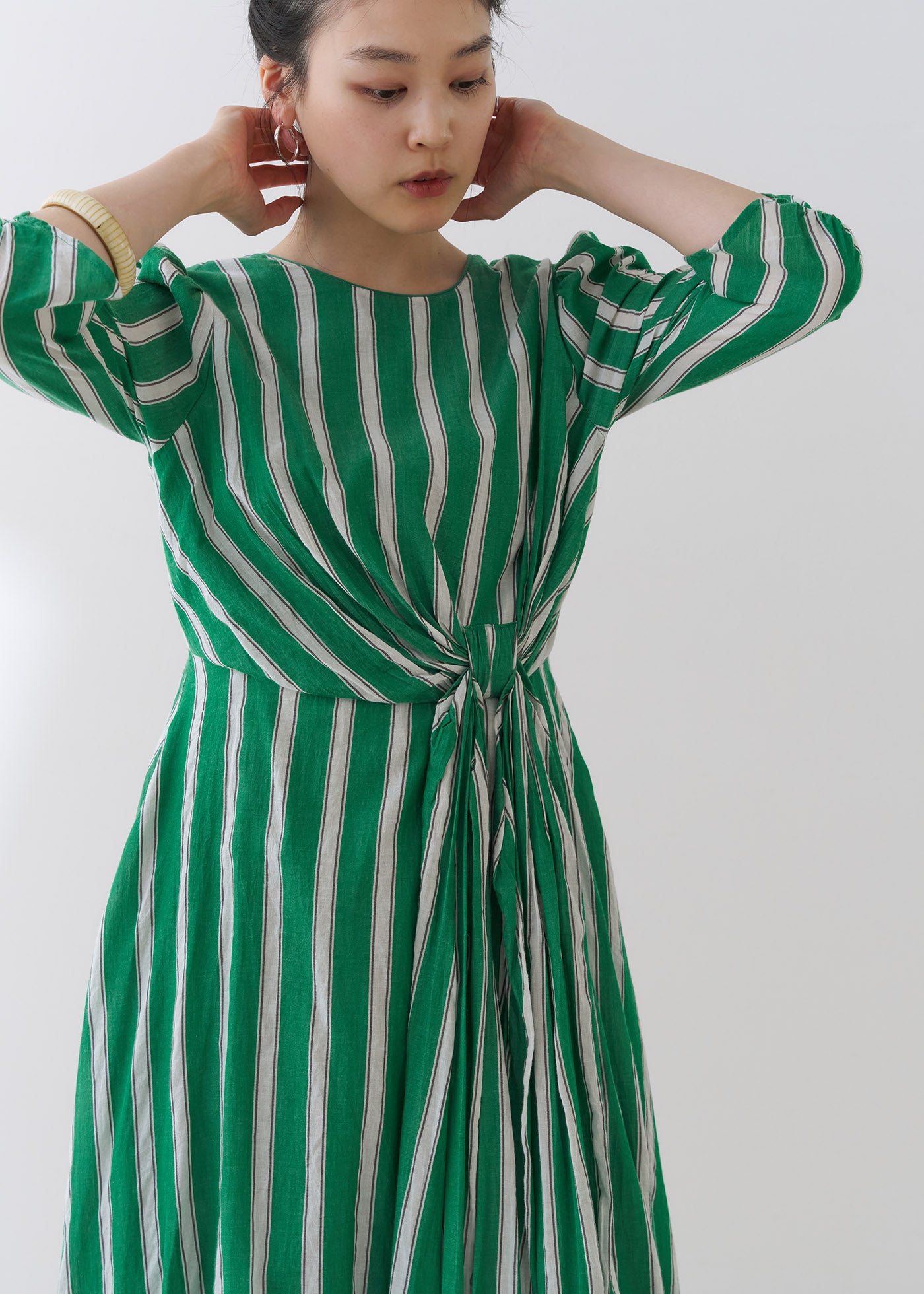 Cotton Voile Stripe Twisted Waist Dress