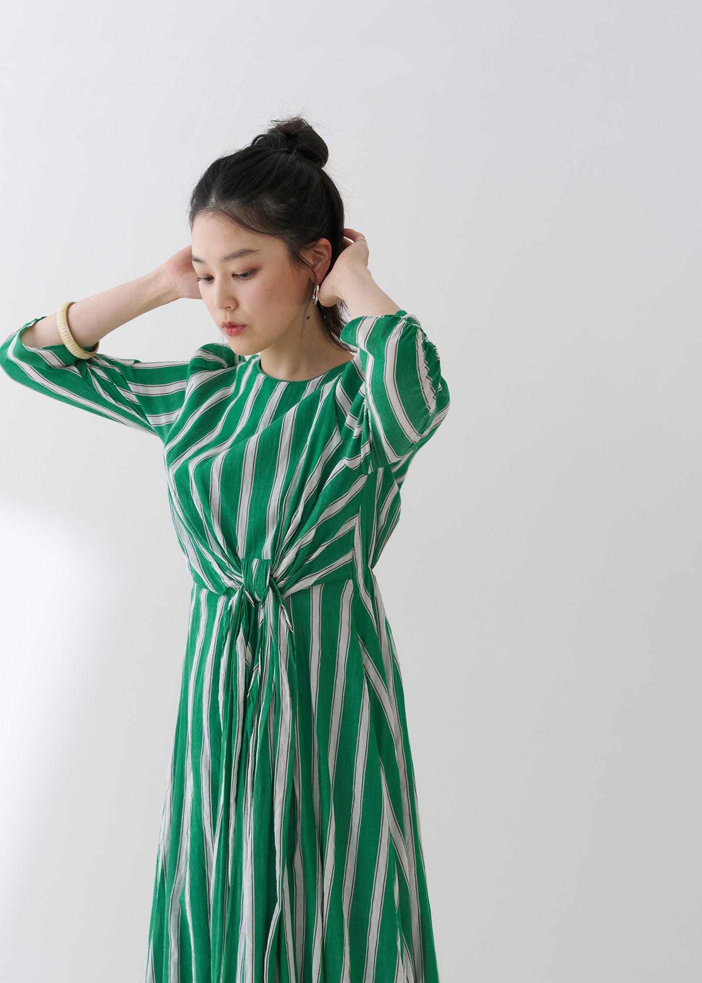 Cotton Voile Stripe Twisted Waist Dress