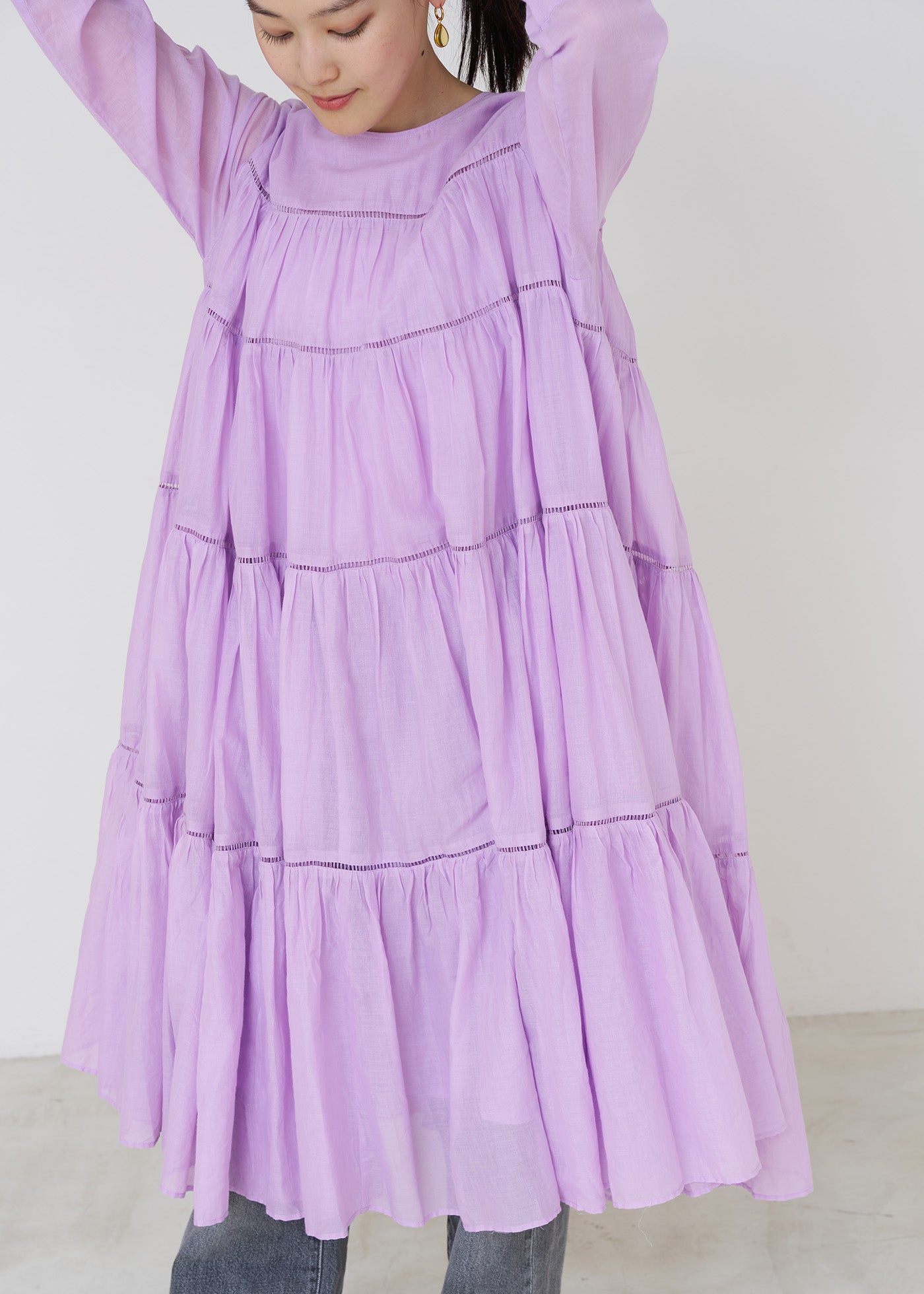 Cotton Voile Tiered Middle Length Dress Lt.Purple | Pasand by ne Quittez  pas | パサンドバイヌキテパ