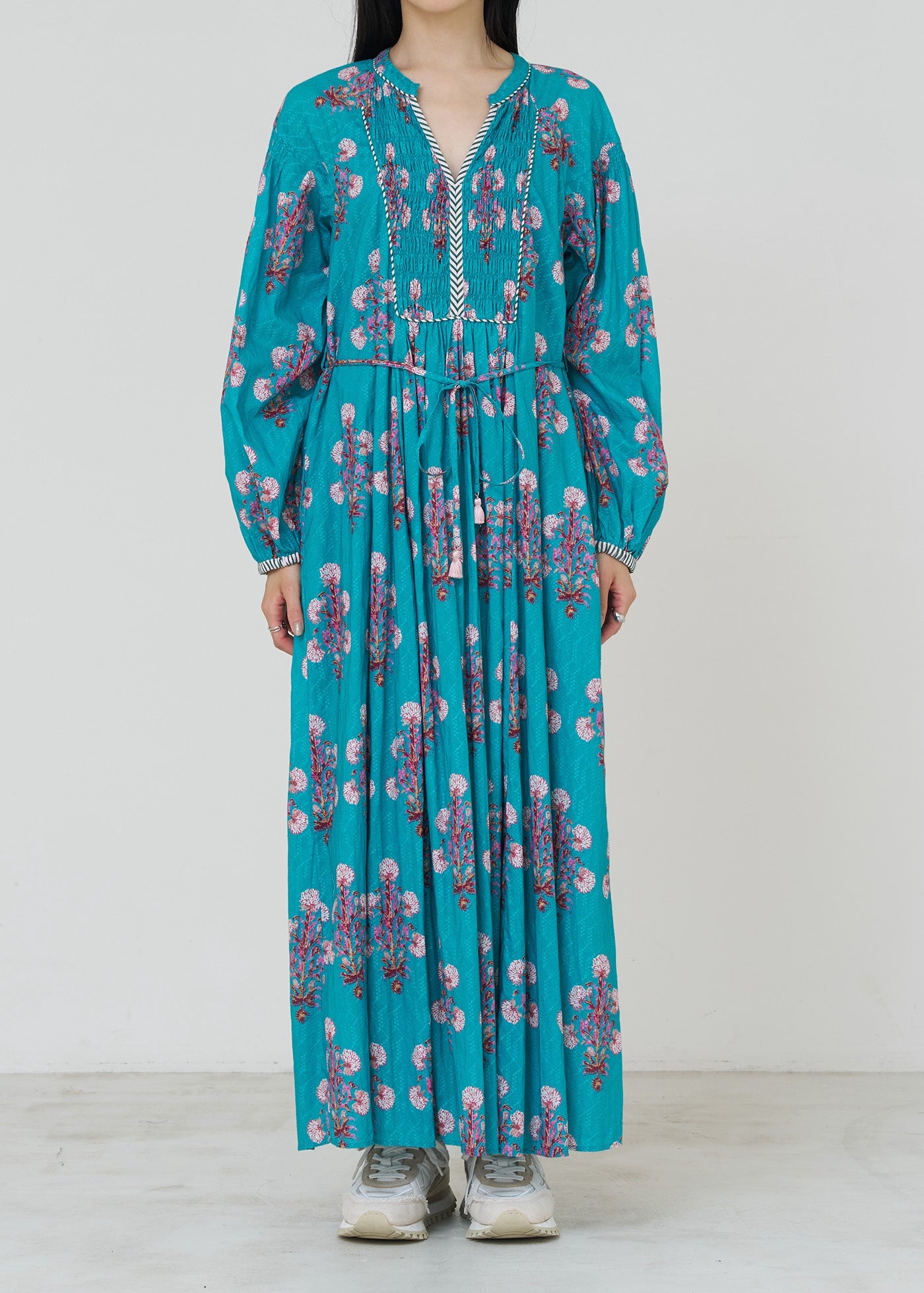 Cotton Jacquard Marigold Print Shirring Dress | Pasand by ne Cotton Jacquard Marigold Print Shirring Dress | Pasand by ne
