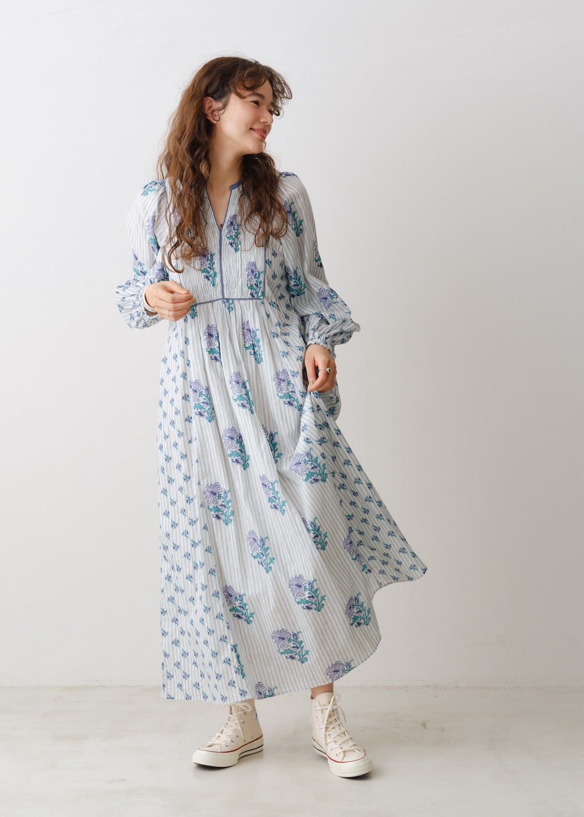 Cotton Jacquard Lily Print Shirring Dress