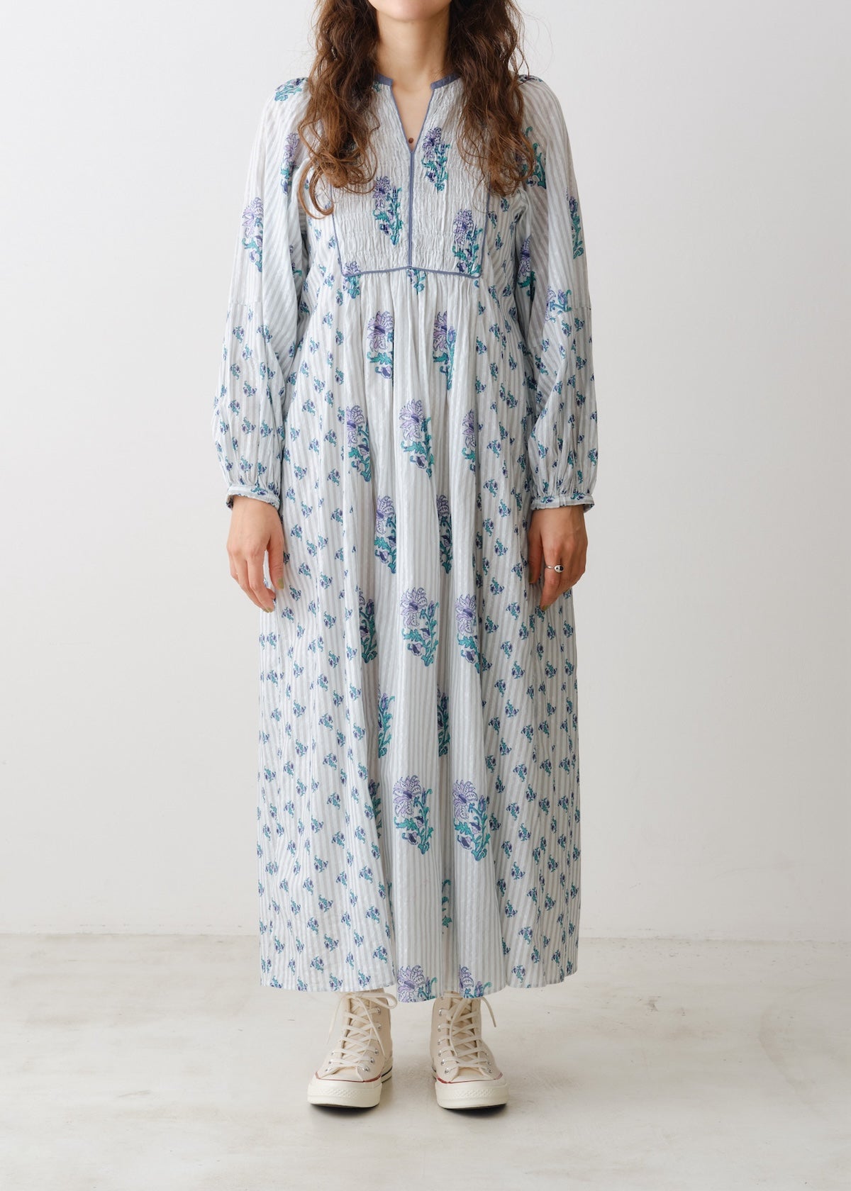Cotton Jacquard Lily Print Shirring Dress