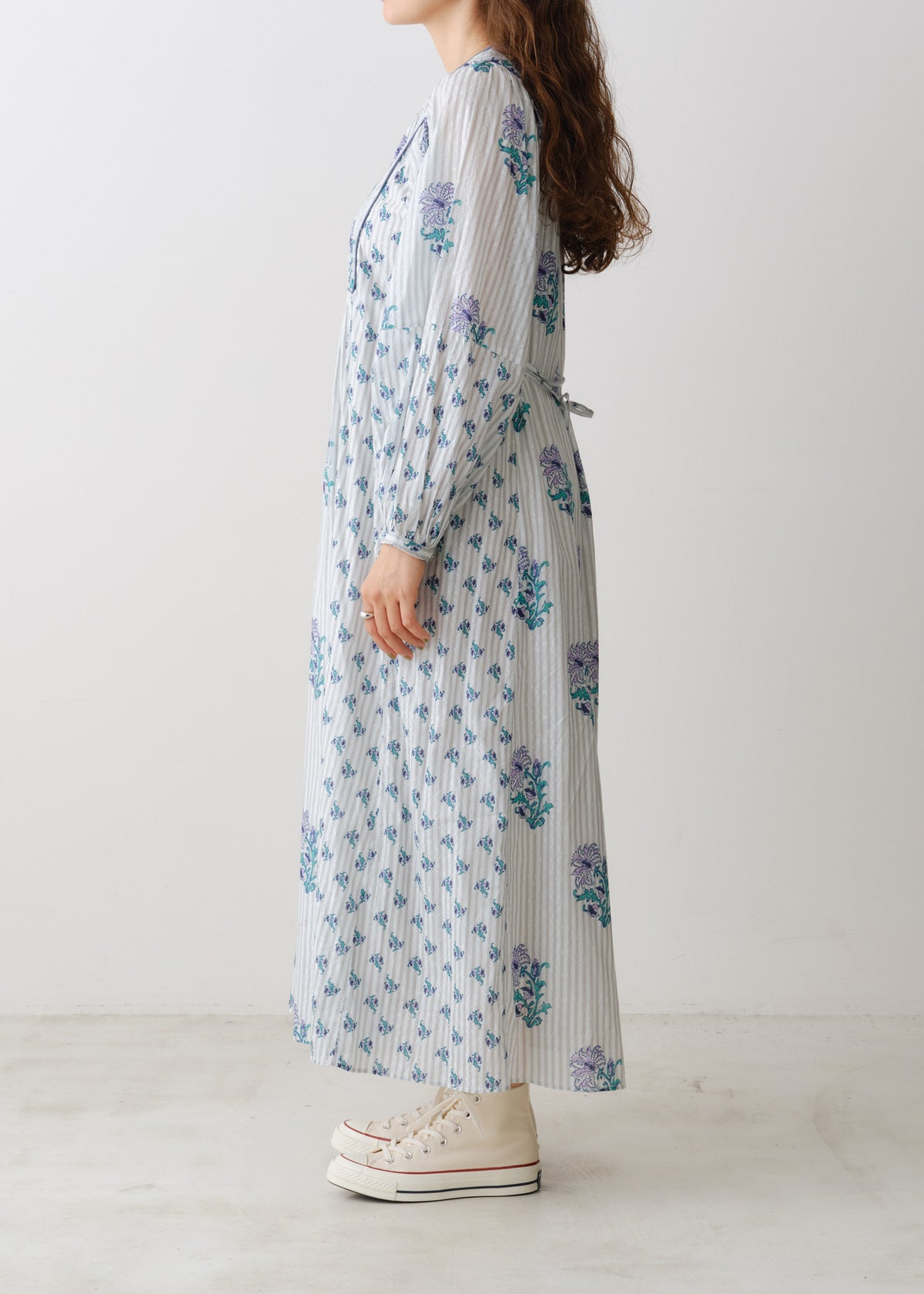 Cotton Jacquard Lily Print Shirring Dress