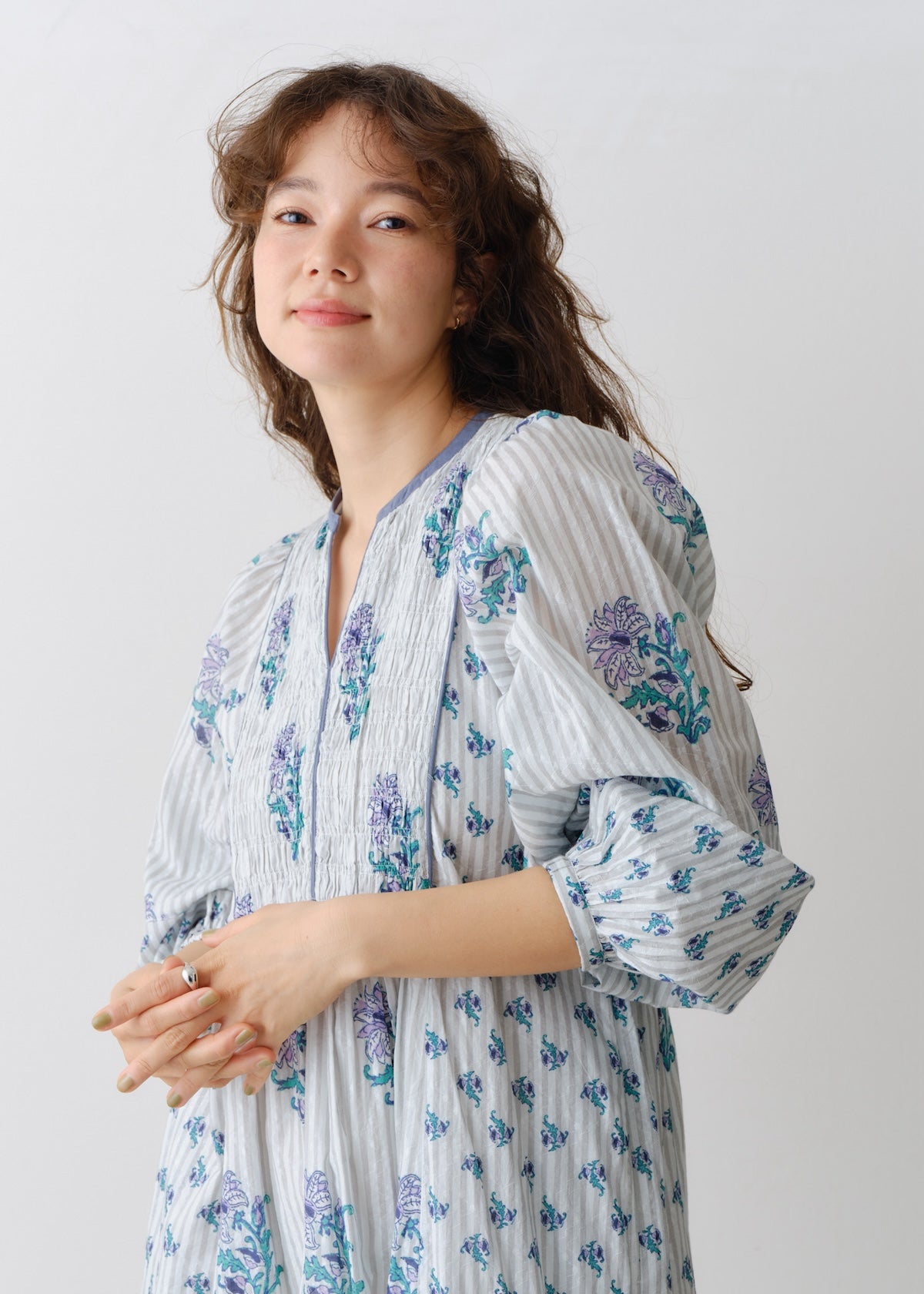 Cotton Jacquard Lily Print Shirring Dress