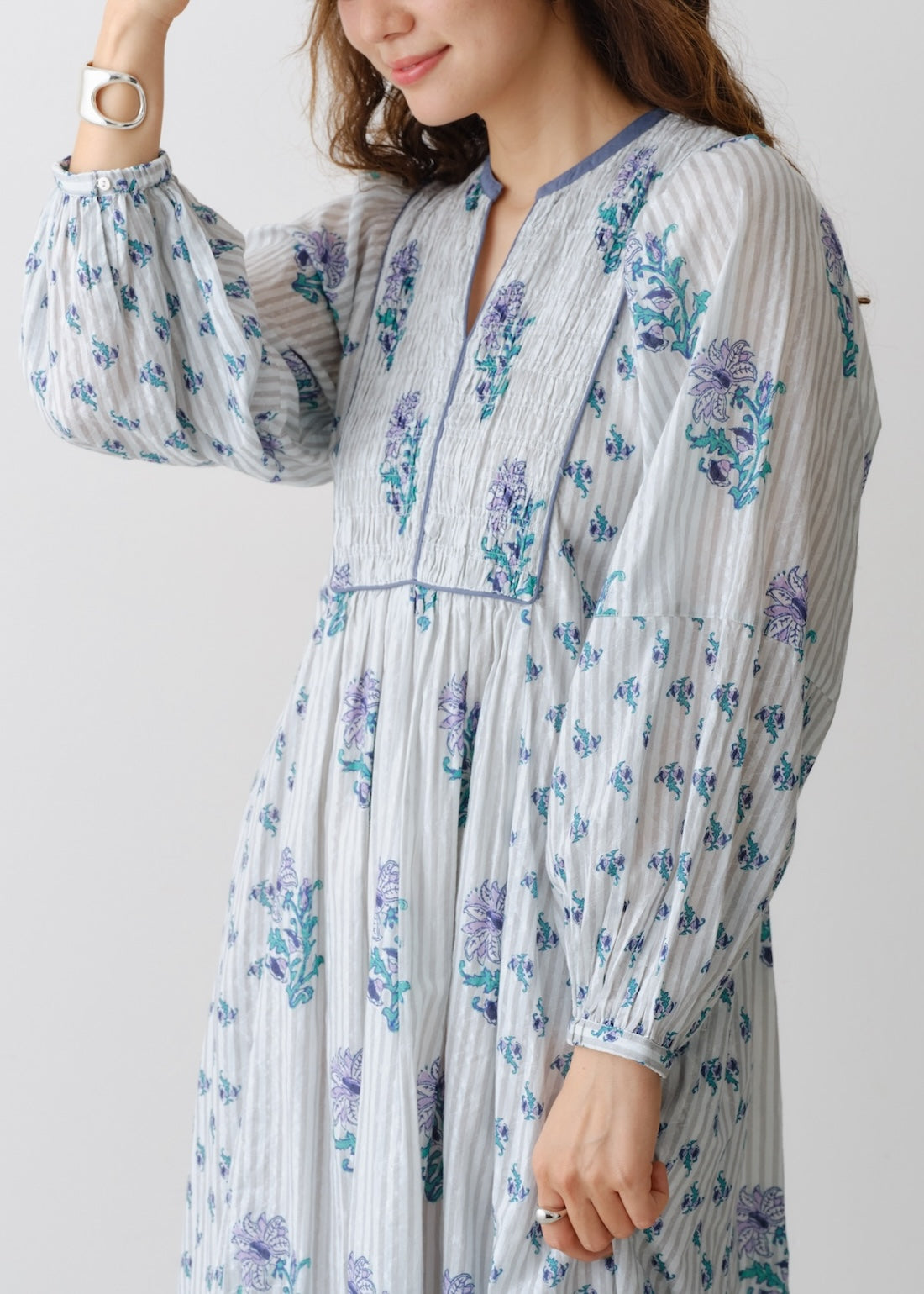 Cotton Jacquard Lily Print Shirring Dress