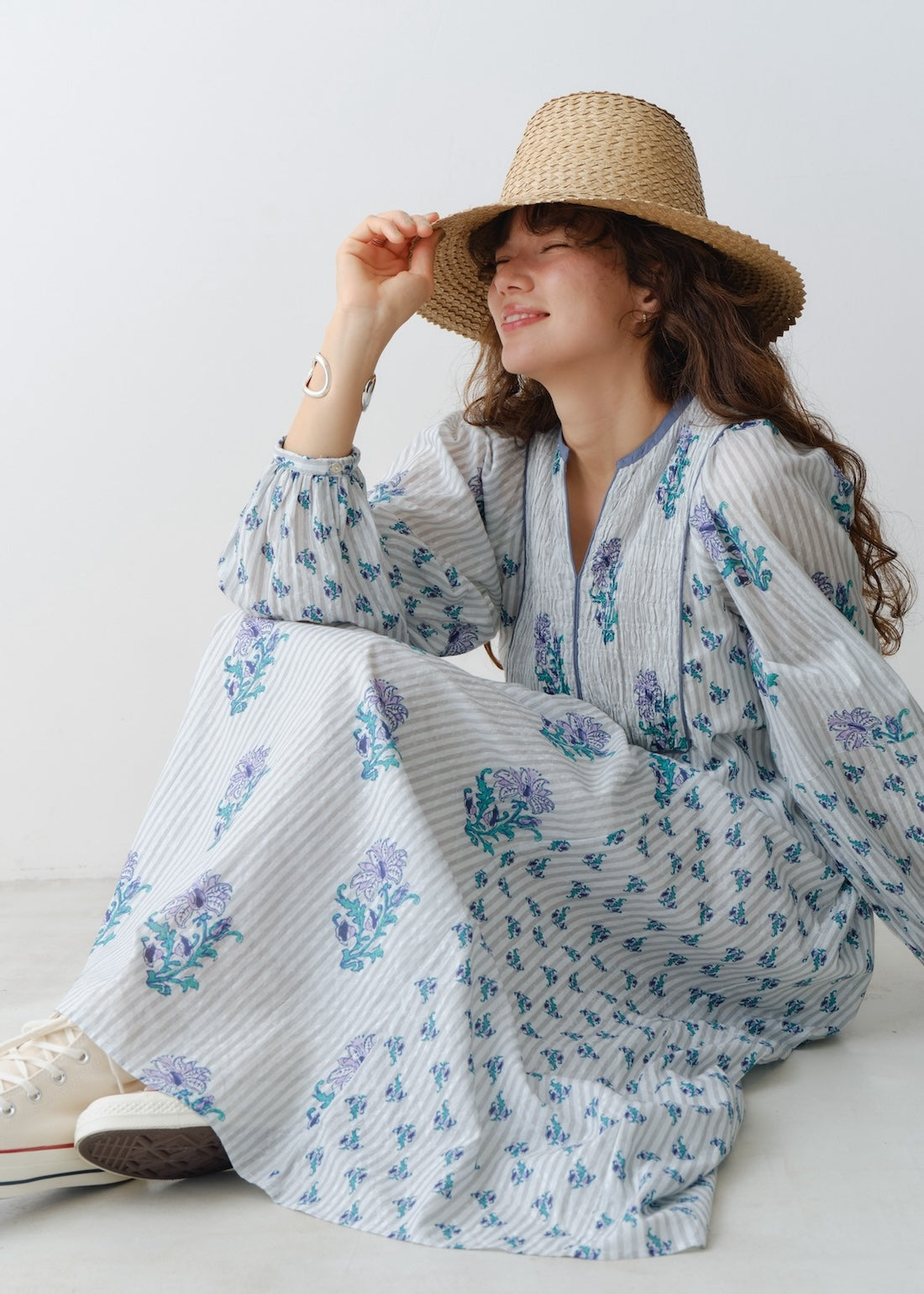 Cotton Jacquard Lily Print Shirring Dress